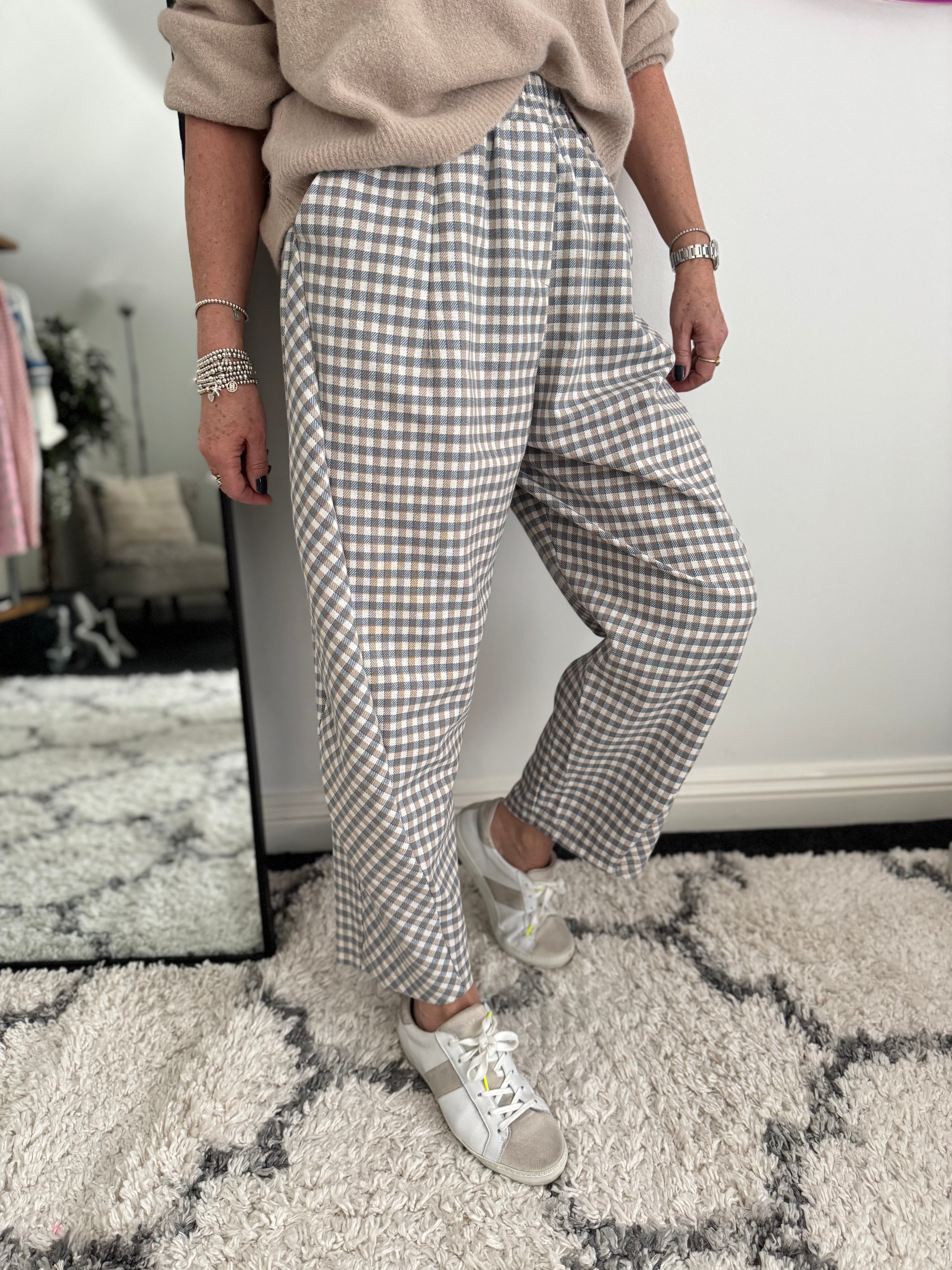 Barrel Check Trousers in Blue & Stone