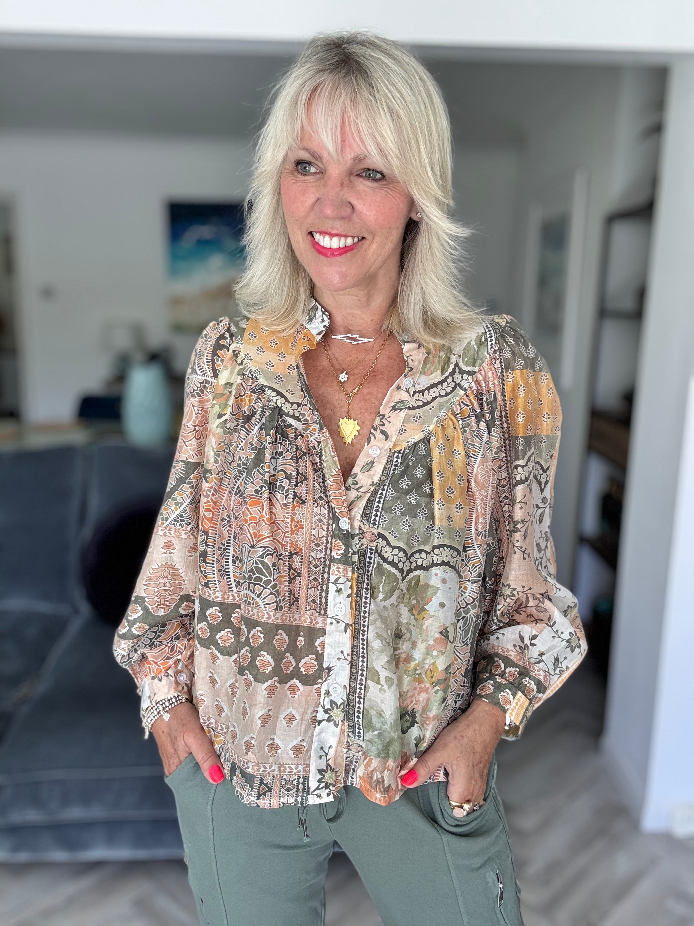 Patchwork Shirt in Khaki & Coral