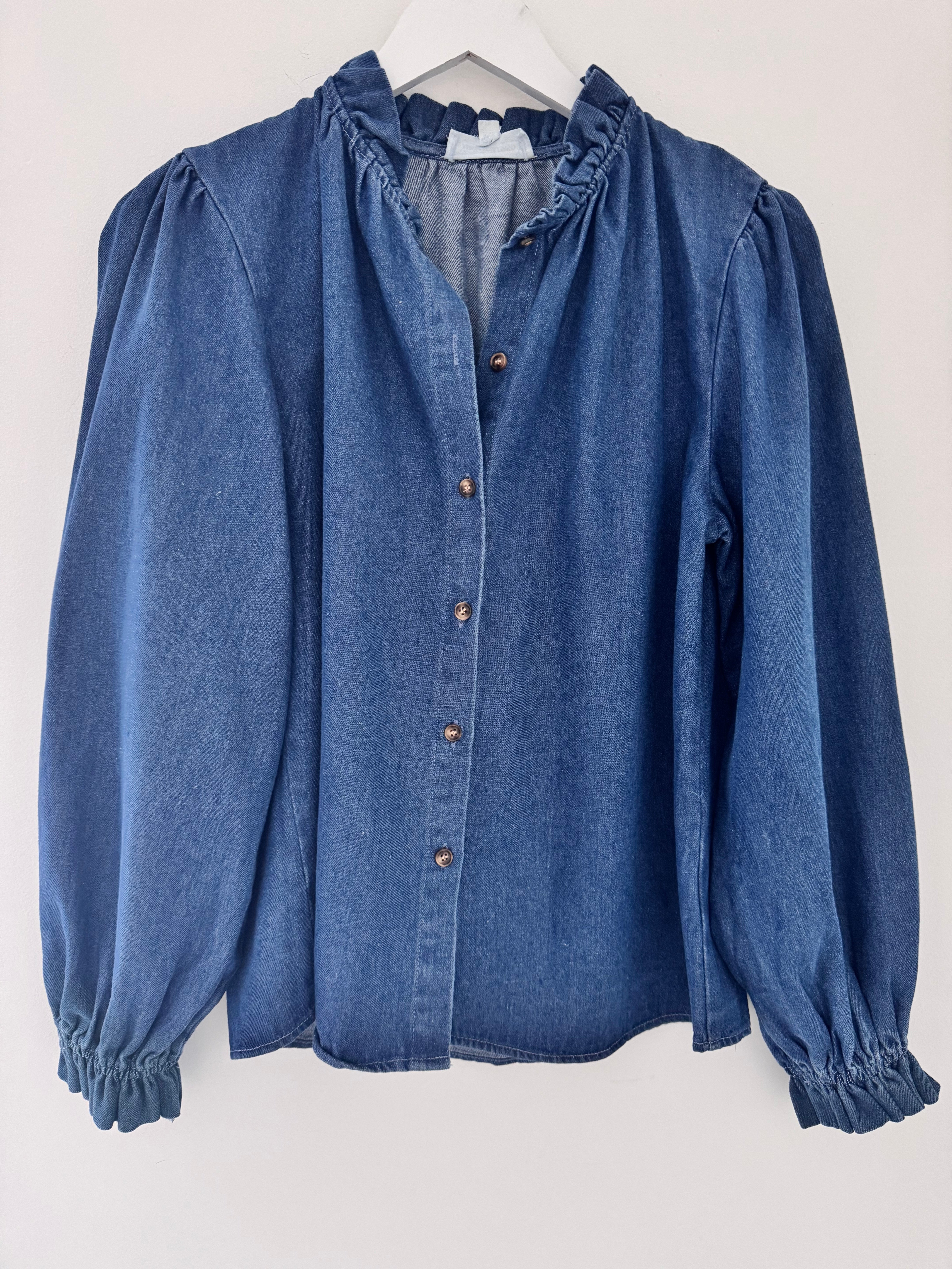 Soft Denim Shirt with Ruffle Collar & Cuffs