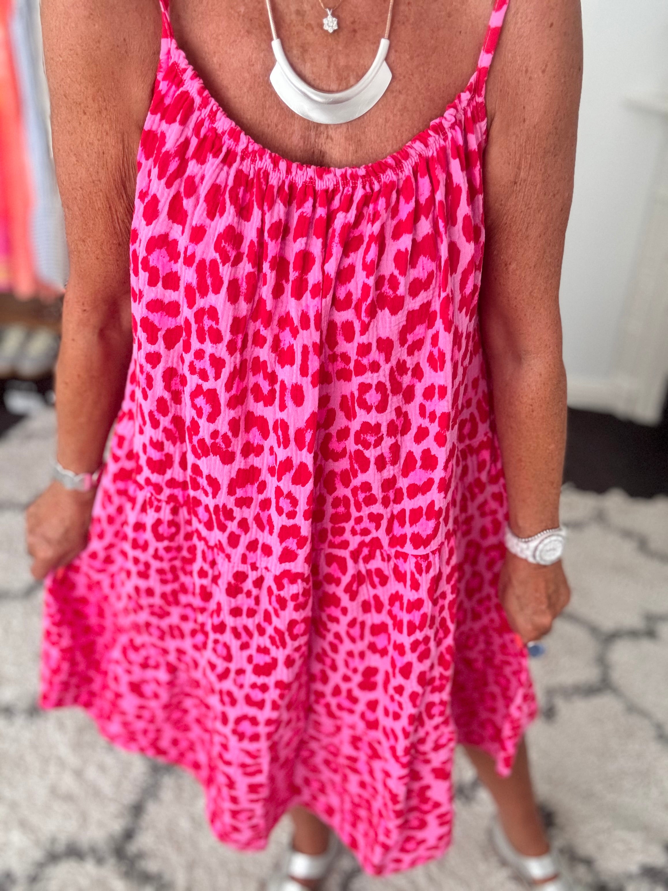 Leopard Cheesecloth Dress in Red & Candy Pink