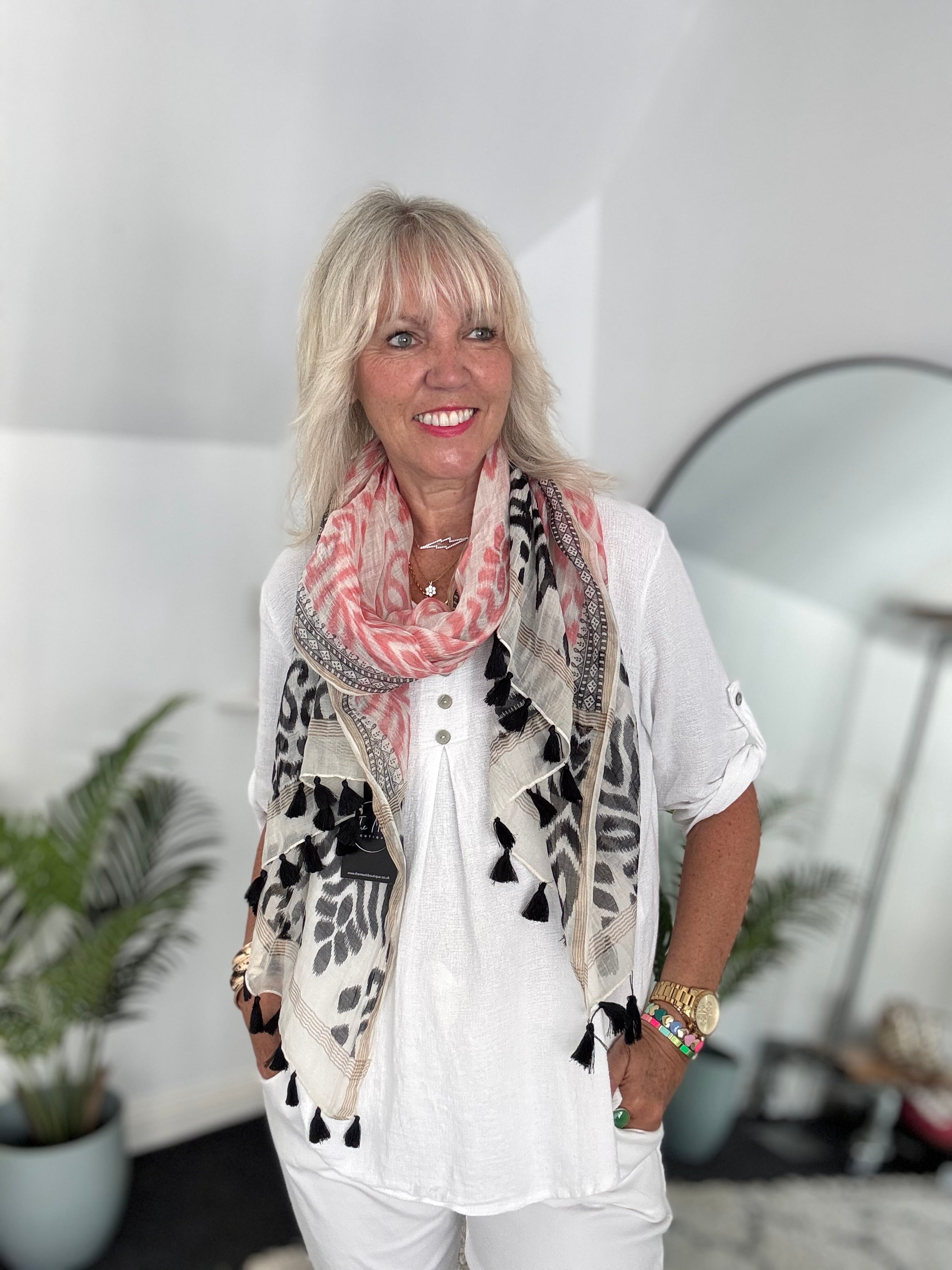 Aztec Scarf in Pink & Black with Tassels