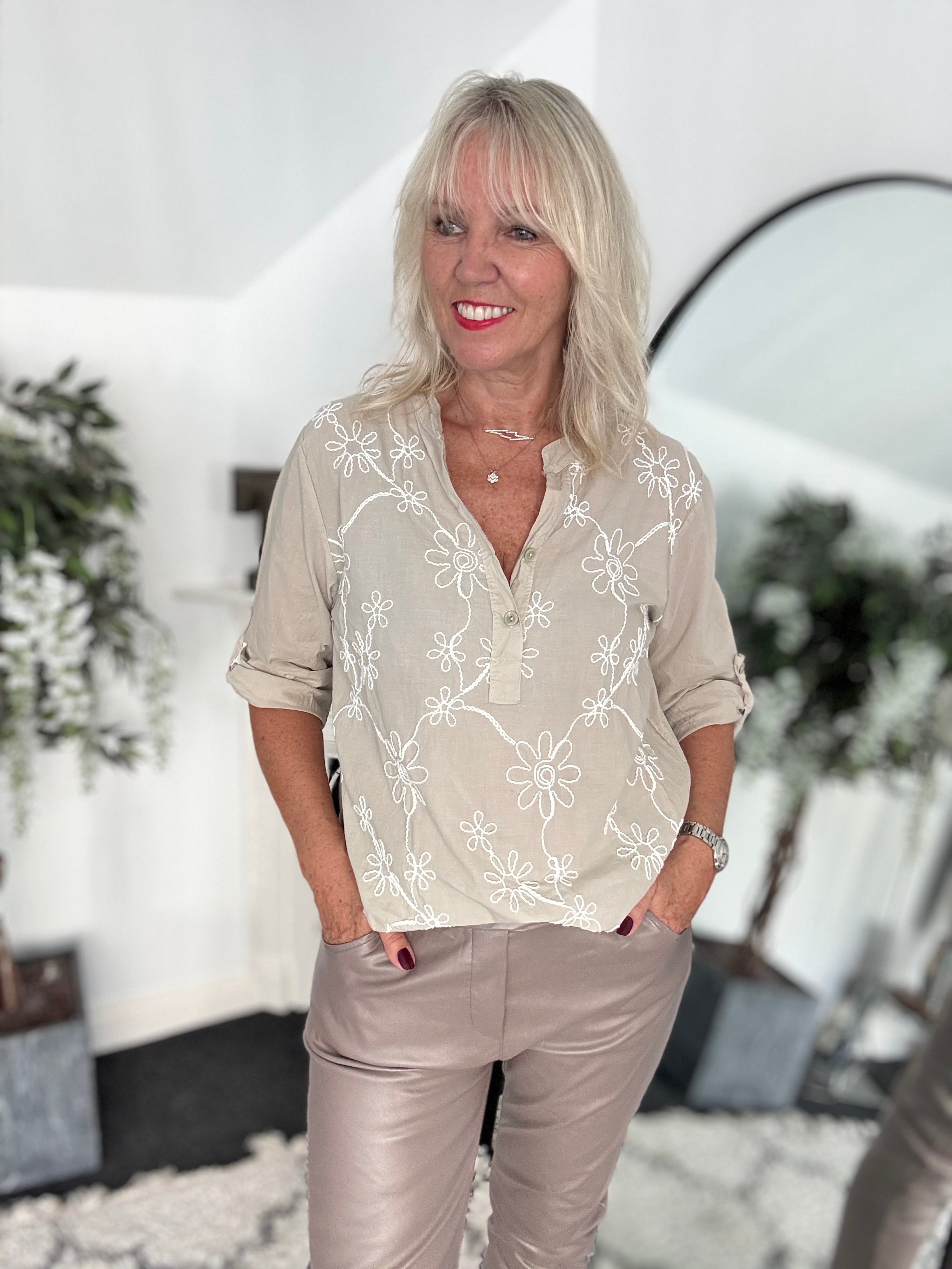 Embroidered Buttoned Top in Stone