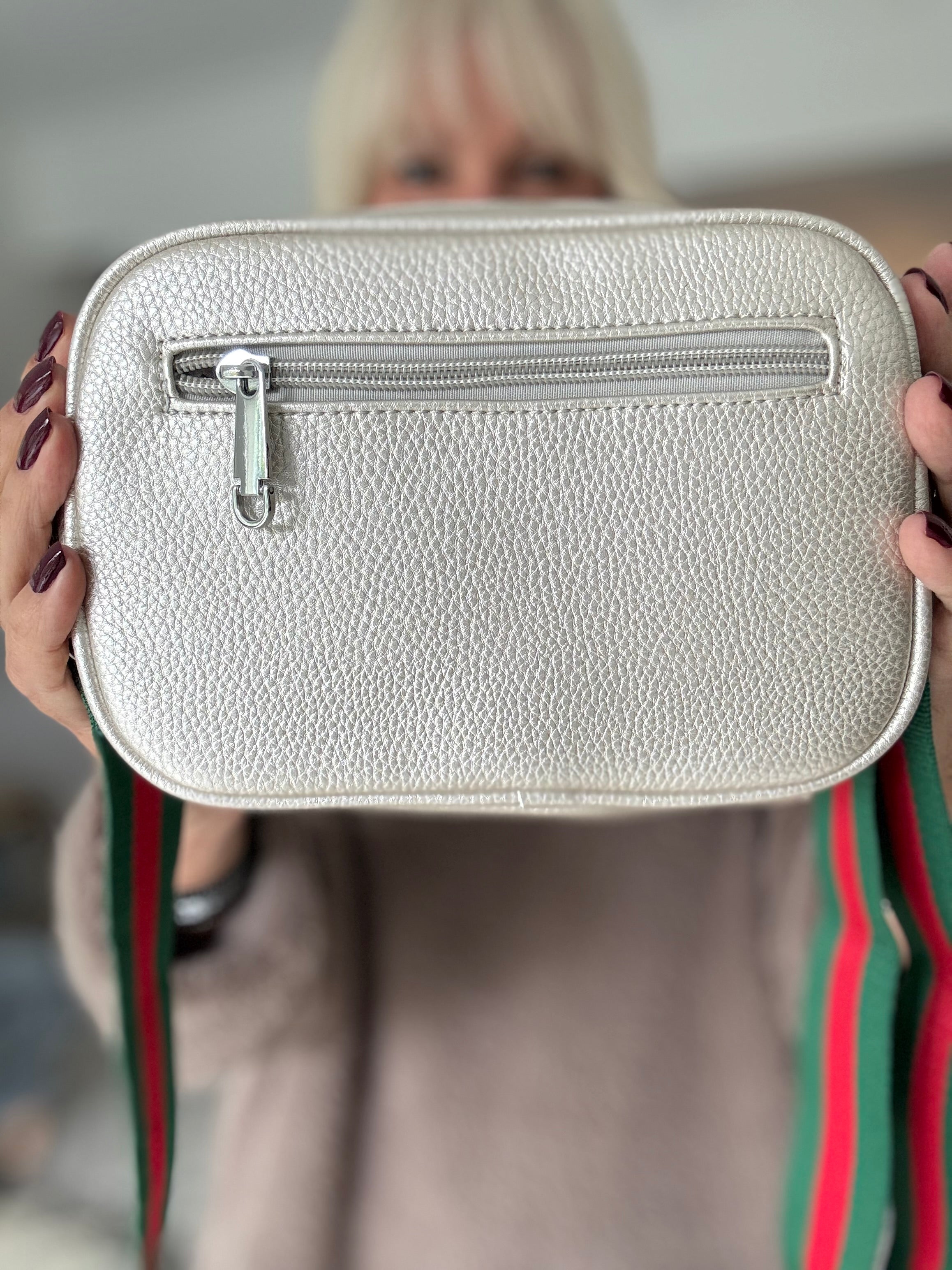 Crossbody Bee Bag in Metallic Pearl with Stripe Strap