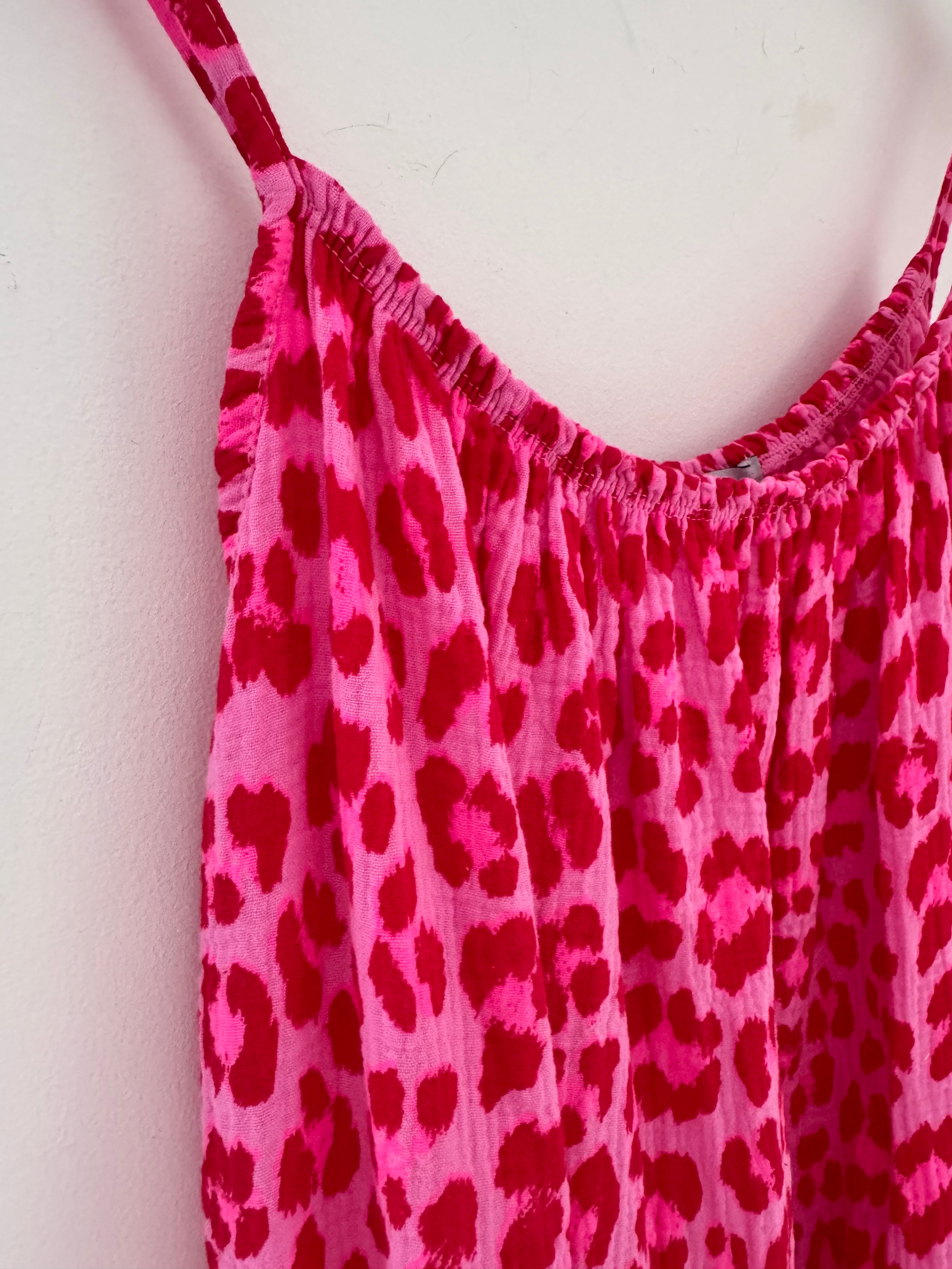 Leopard Cheesecloth Dress in Red & Candy Pink