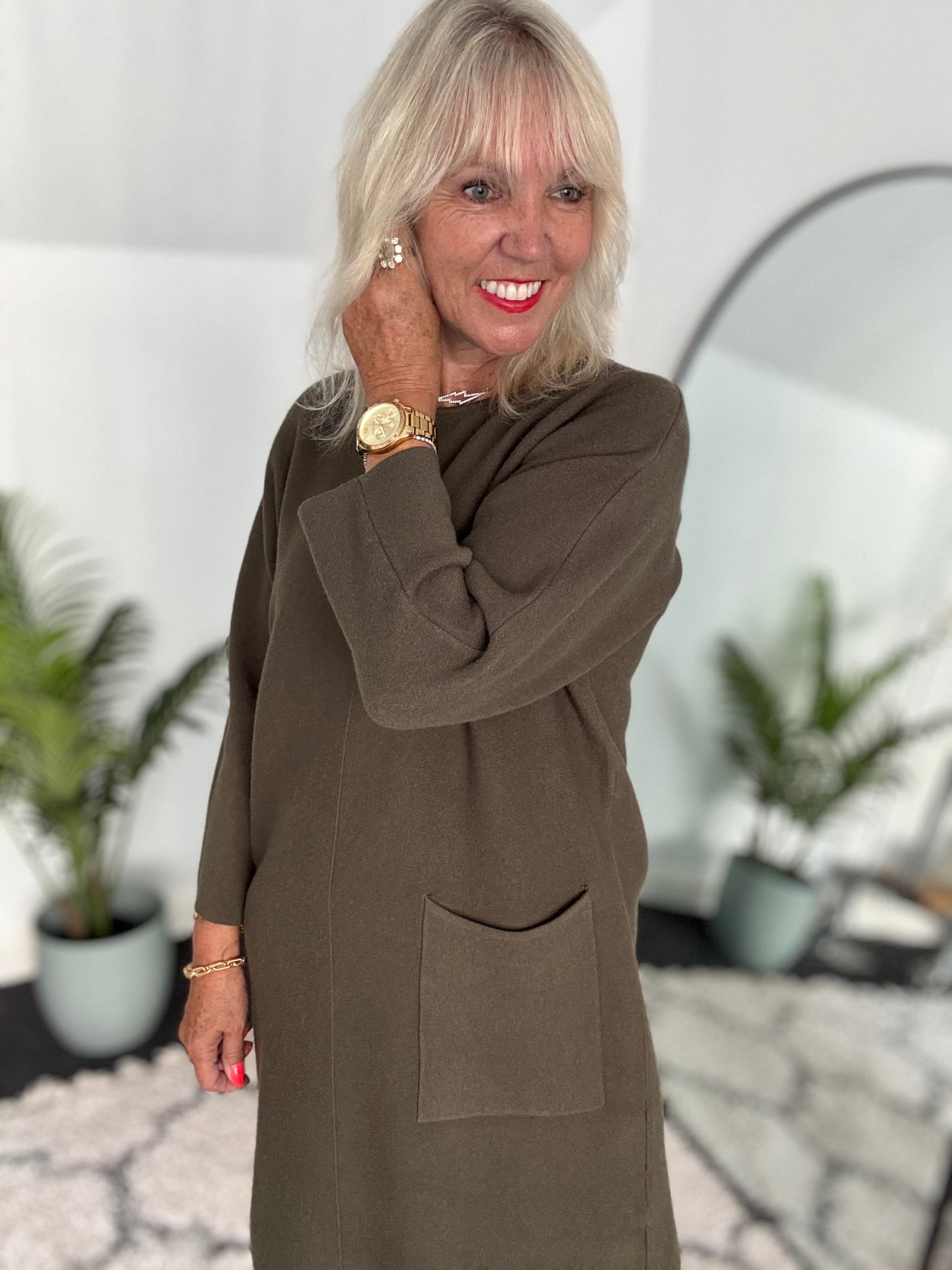 Luxe Knitted Pocket Dress in Dark Khaki