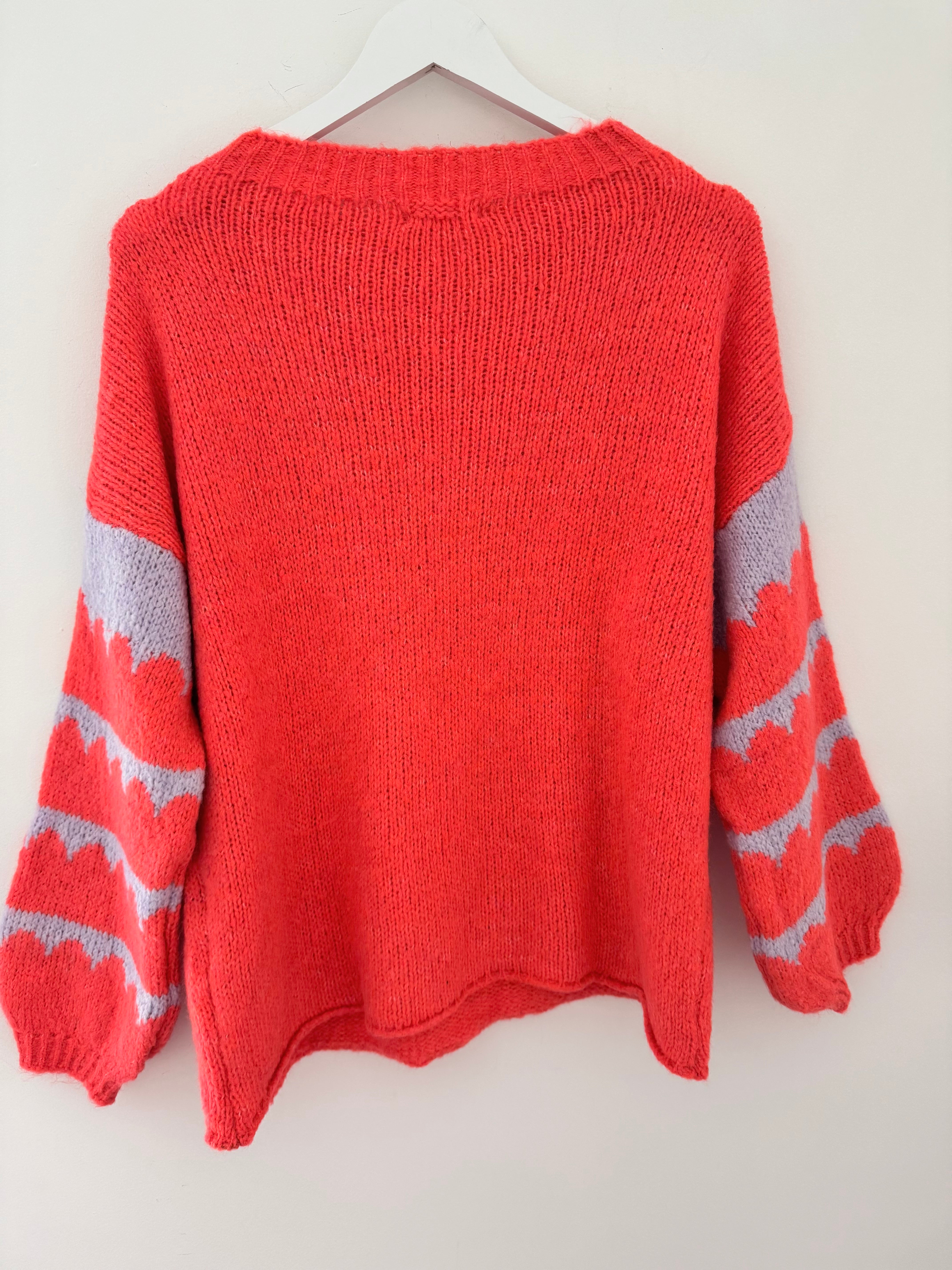 Coral Jumper with Stripe Lilac Sleeves