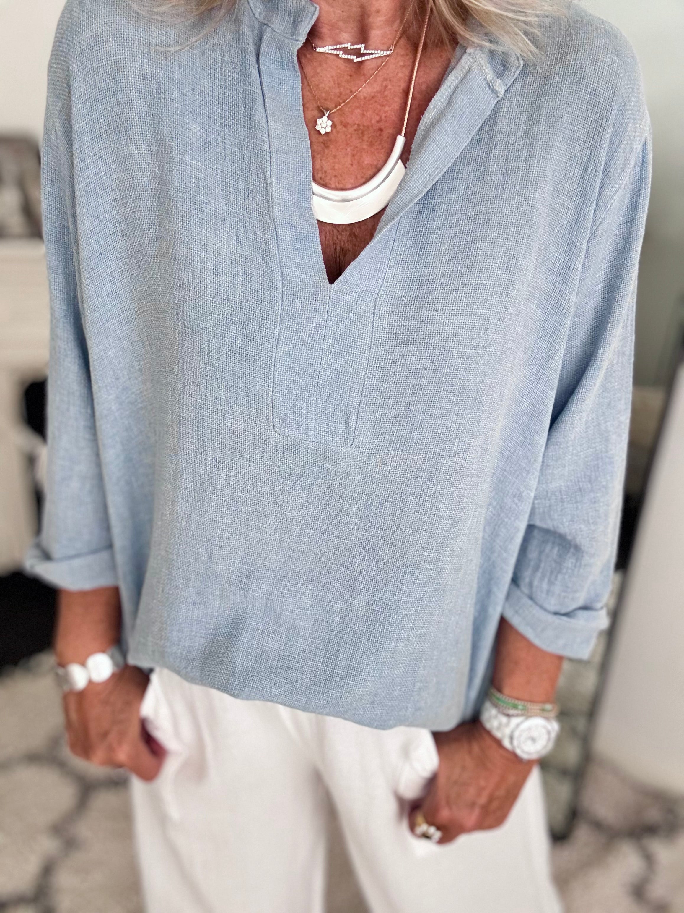 Linen & Cotton Shirt in Light Denim Blue