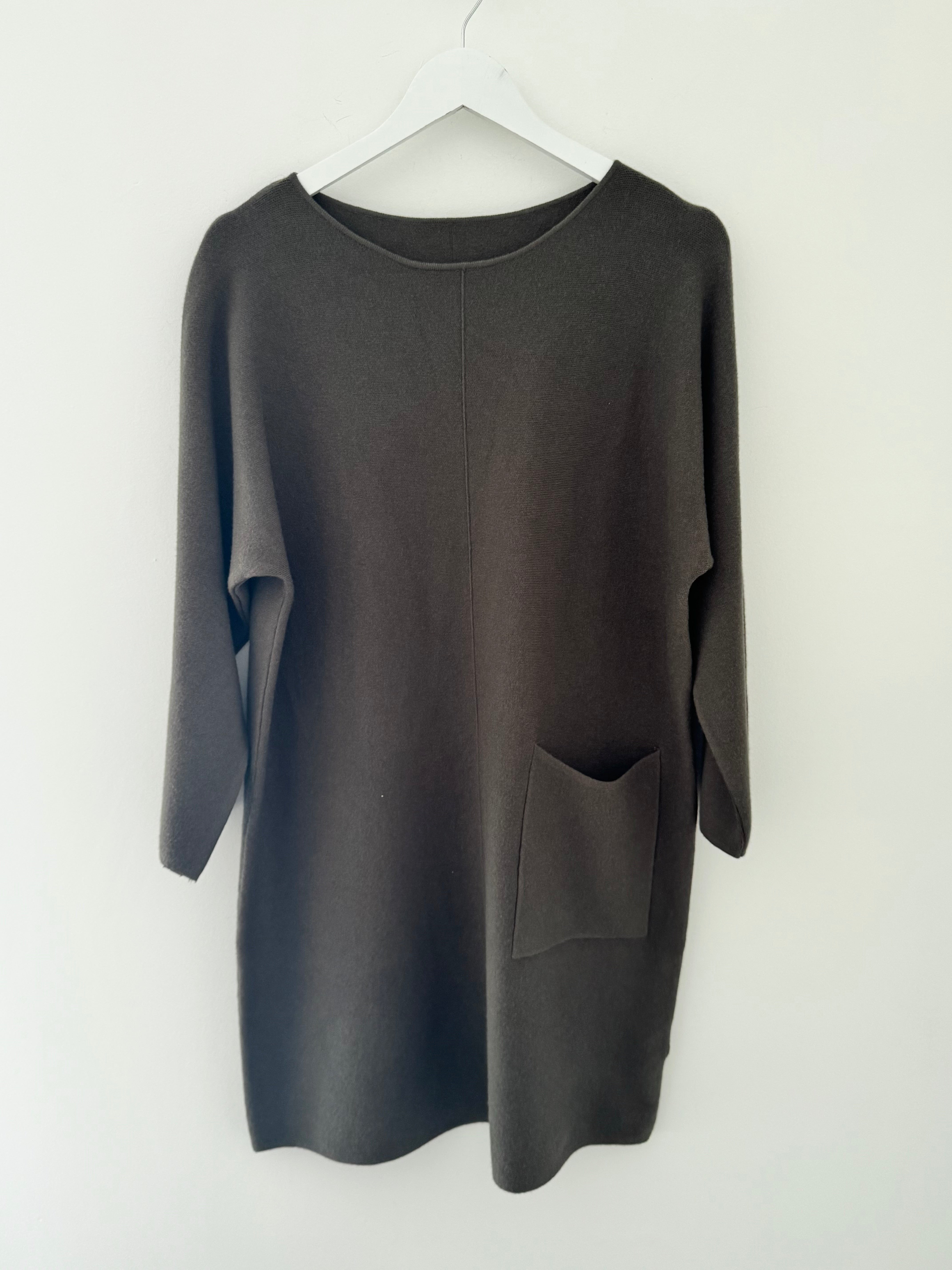 Luxe Knitted Pocket Dress in Dark Khaki