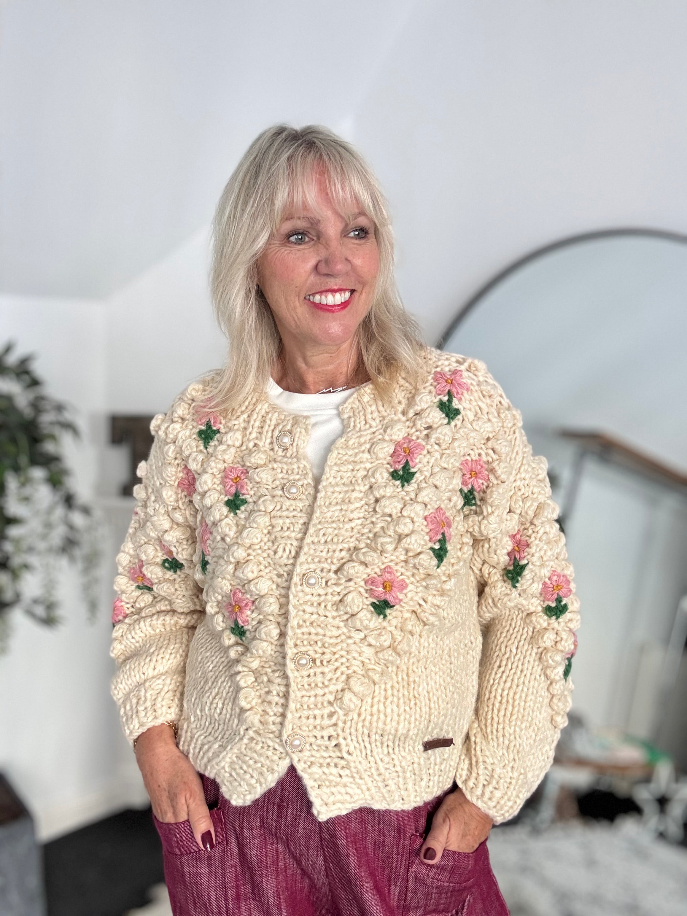 Hand Knitted Cardi with Embroidered Flowers