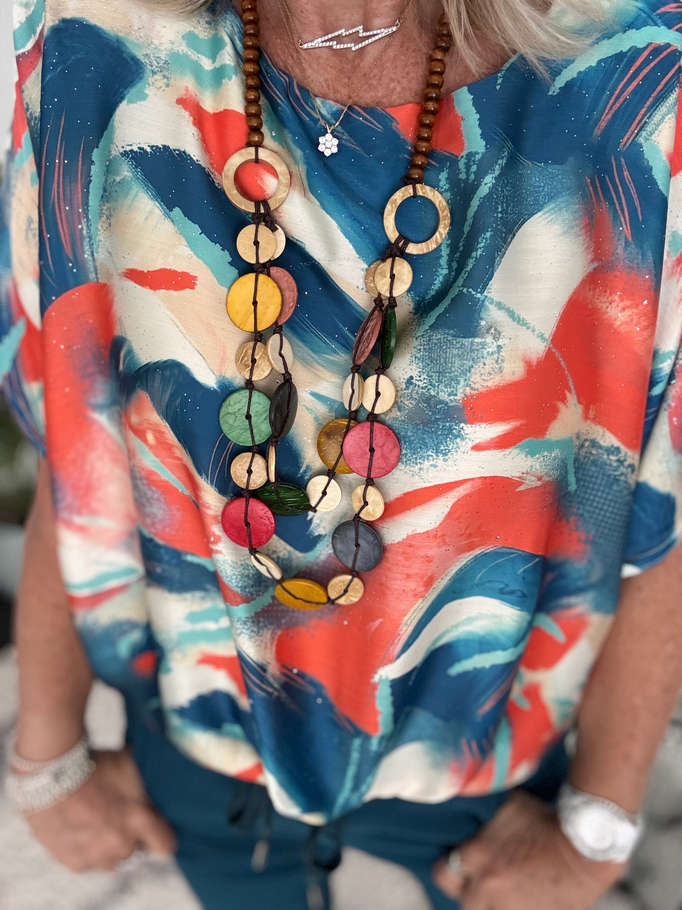 Silky Top with Necklace in Orange & Teal