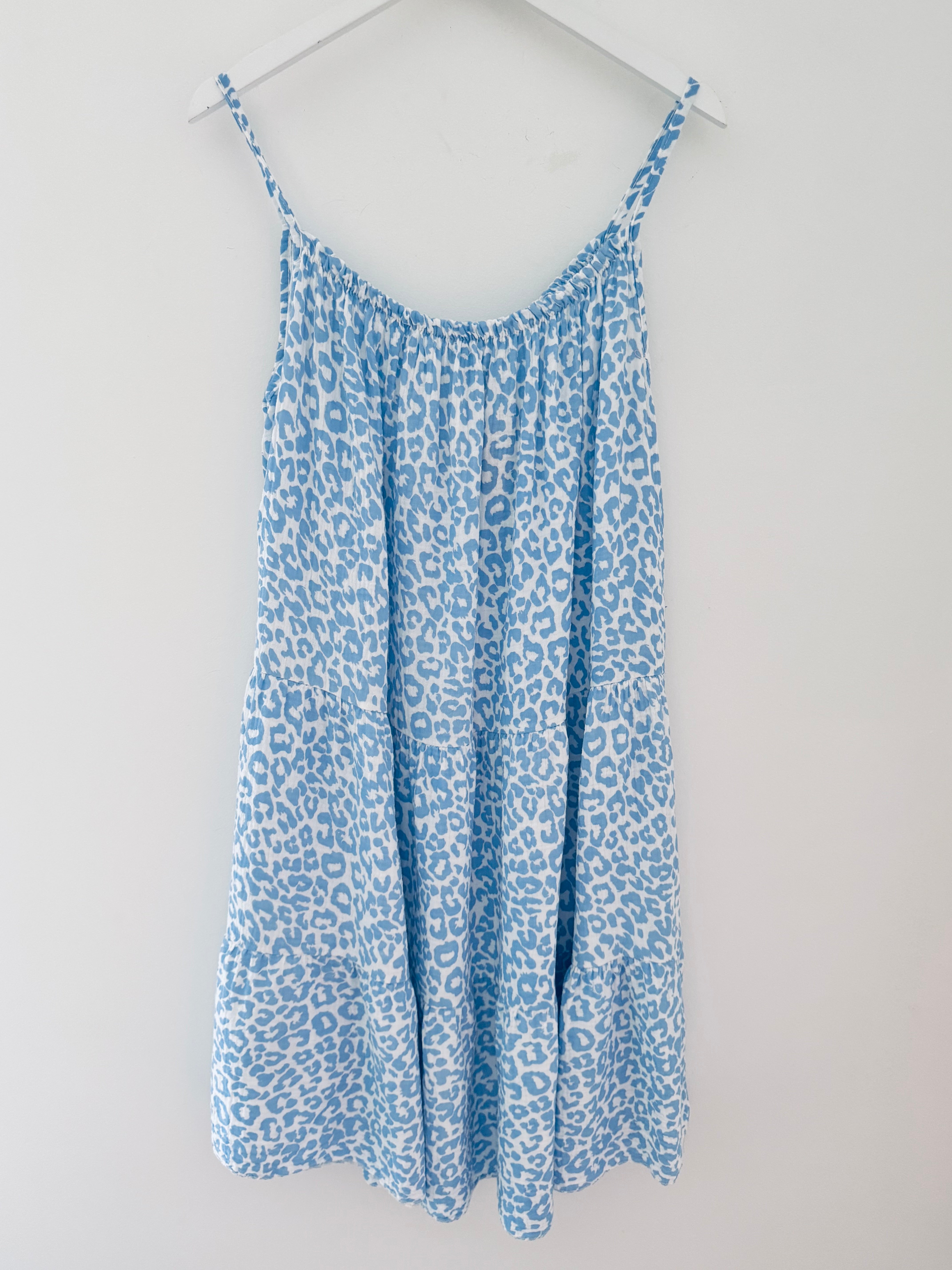 Leopard Cheesecloth Dress in Blue & White