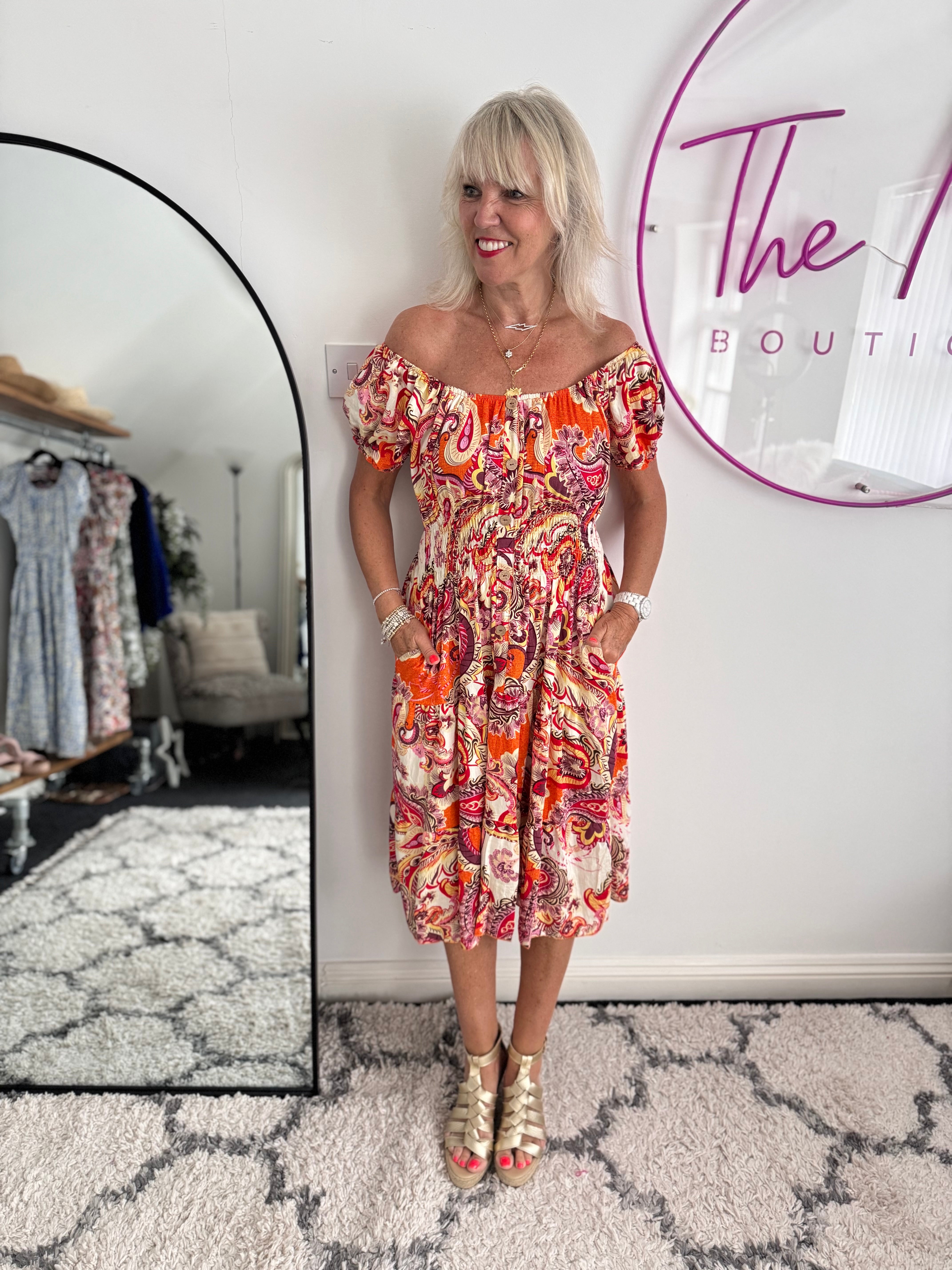 Bardot Dress in Orange & Plum