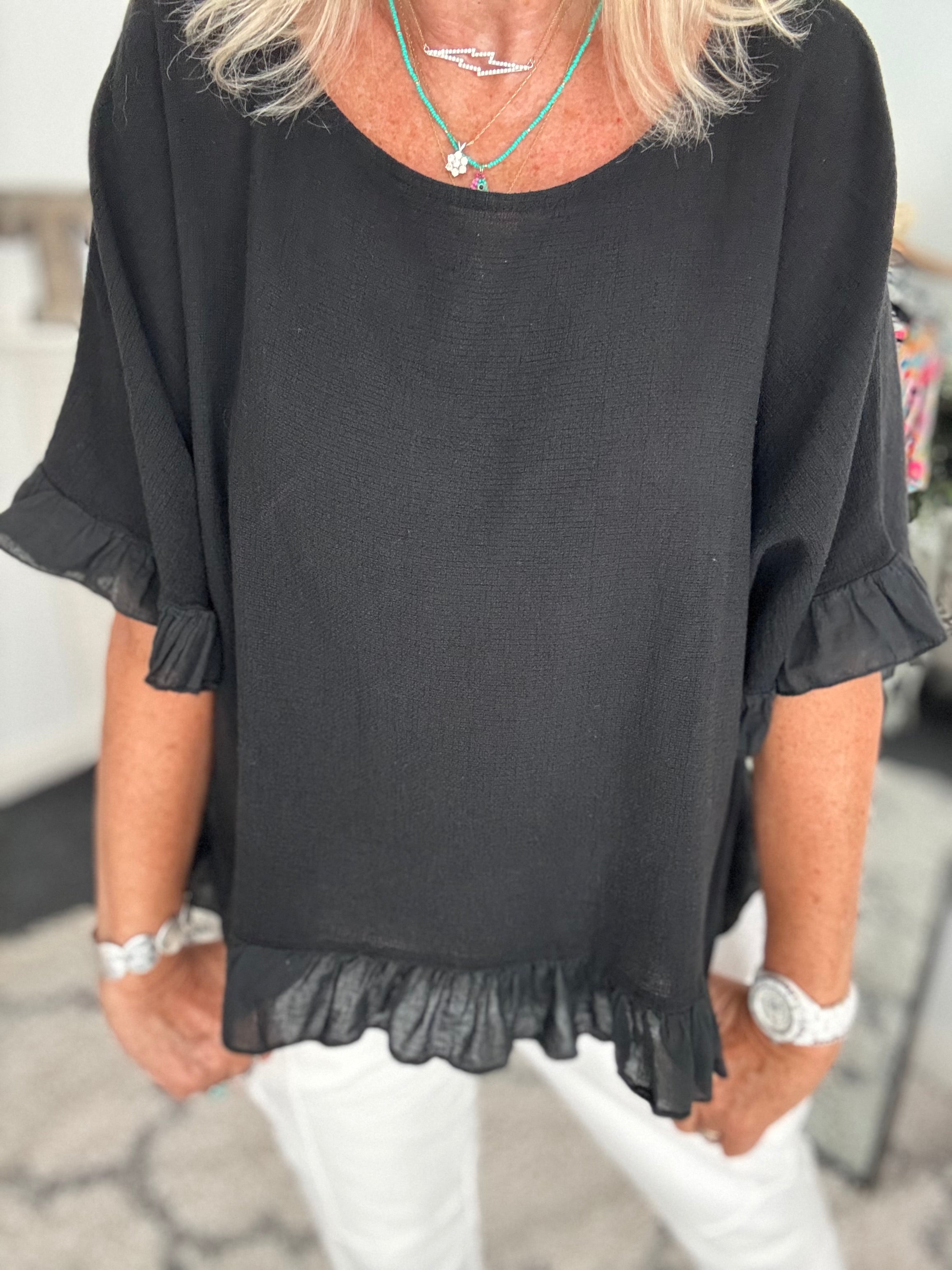 Linen & Cotton Ruffle Edge Top in Black