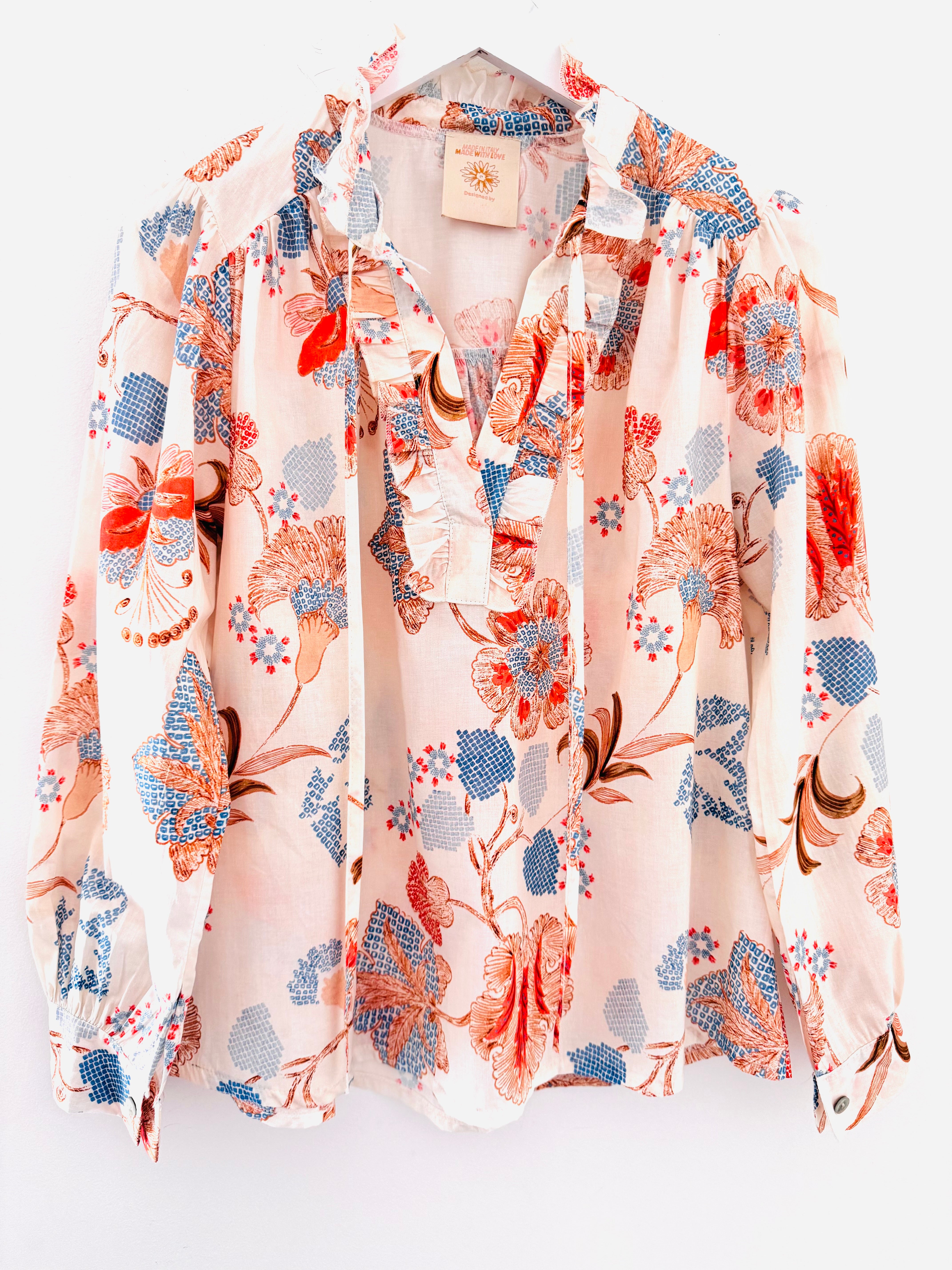 Floral Blouse in Coral & Blue