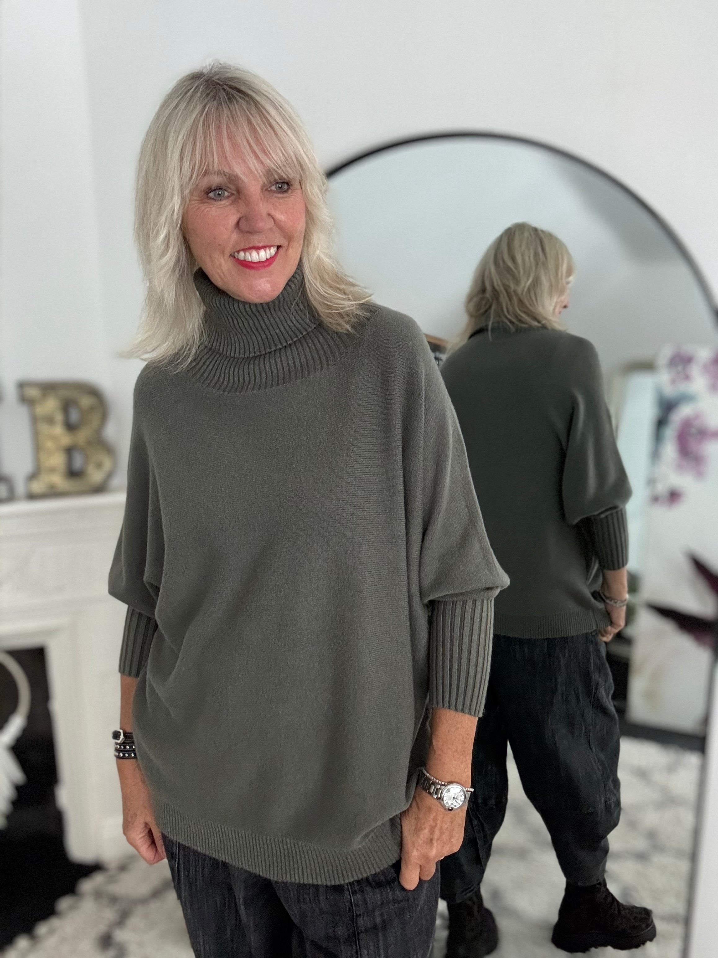 Oversized Roll Neck Poncho Jumper in Khaki