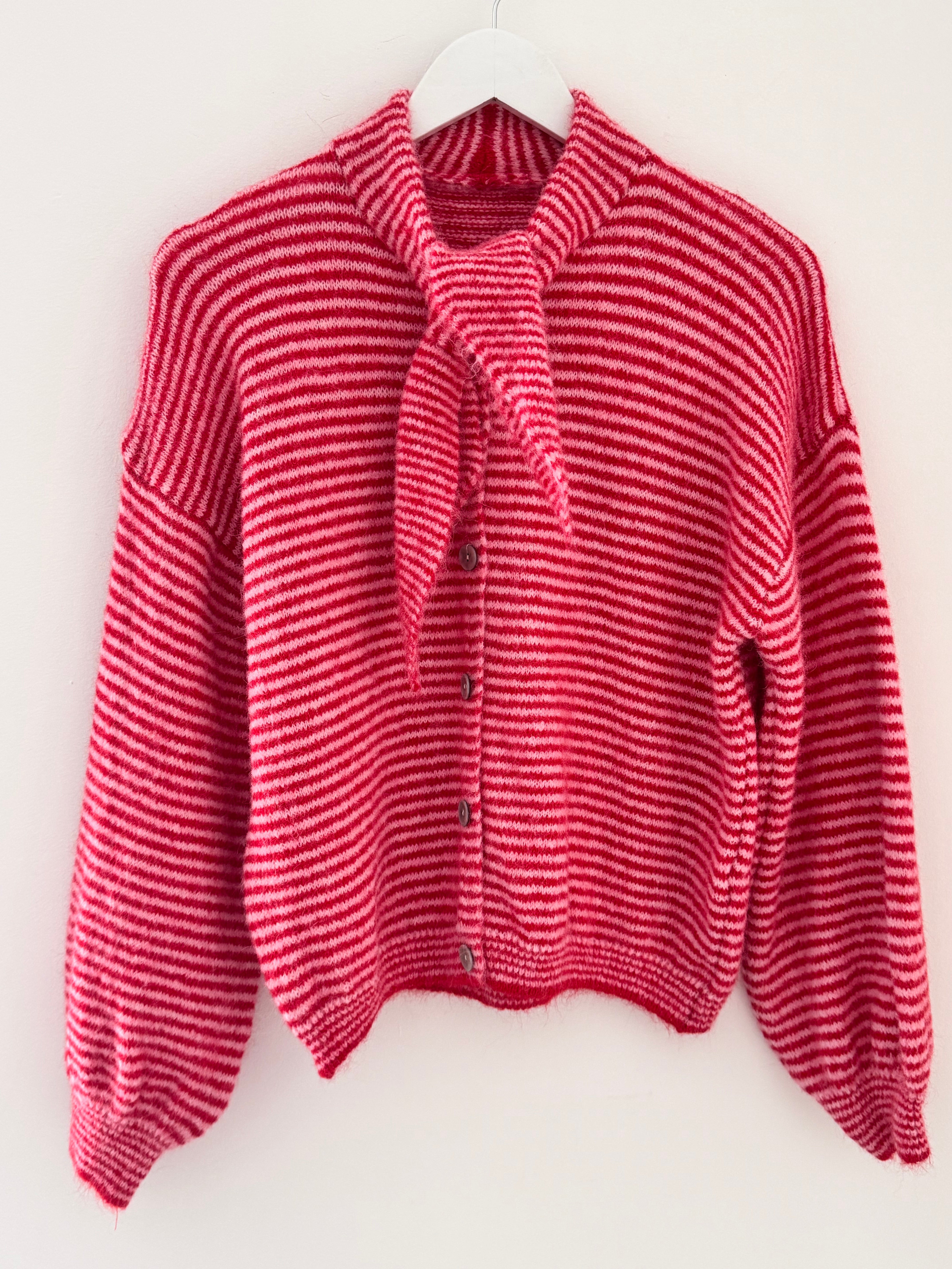 Neck Tie Stripe Cardi in Pink & Red