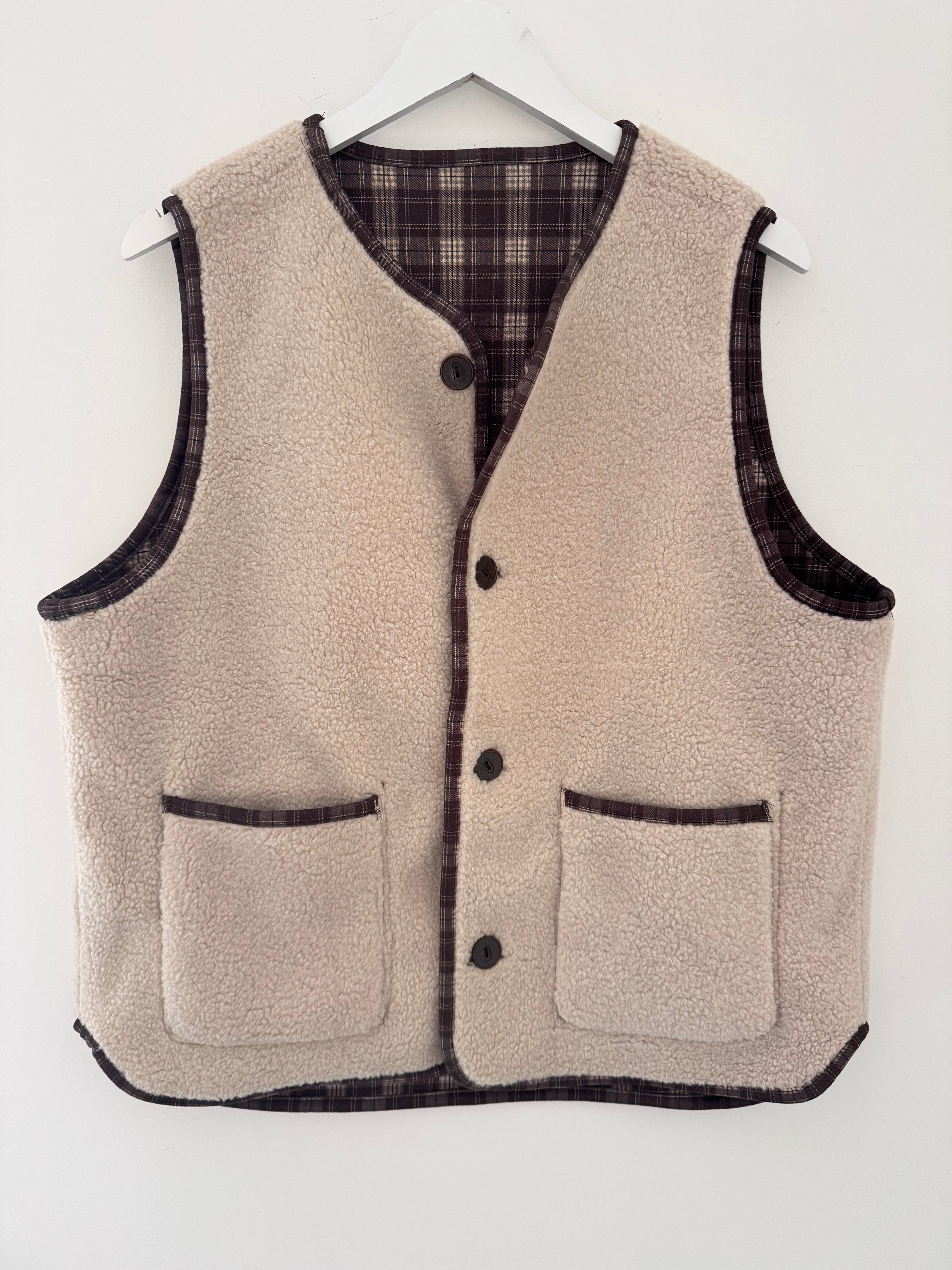 Reversible Boucle & Check Gilet in Ecru and Chocolate