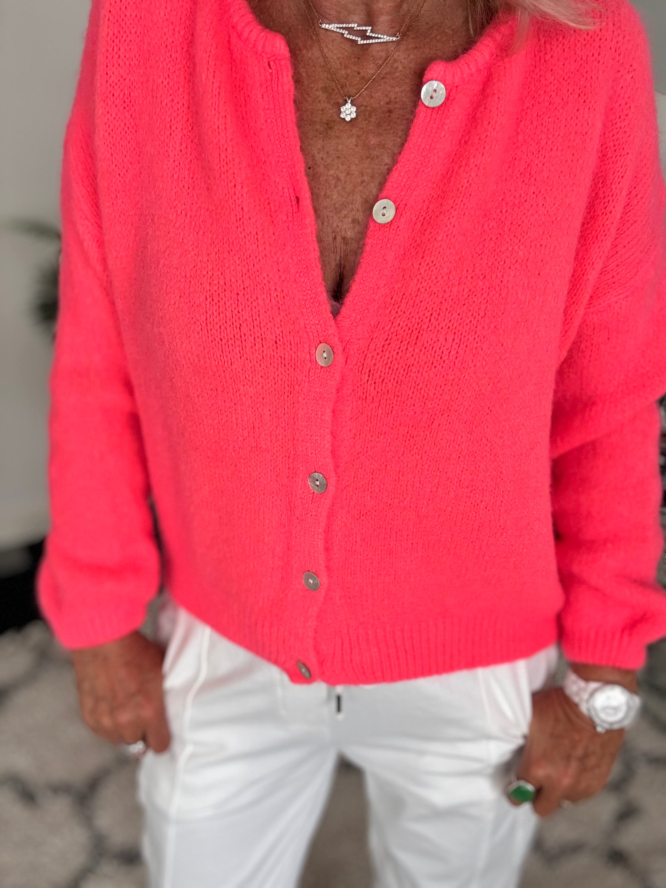 Alpaca Buttoned Cardi in Neon Coral
