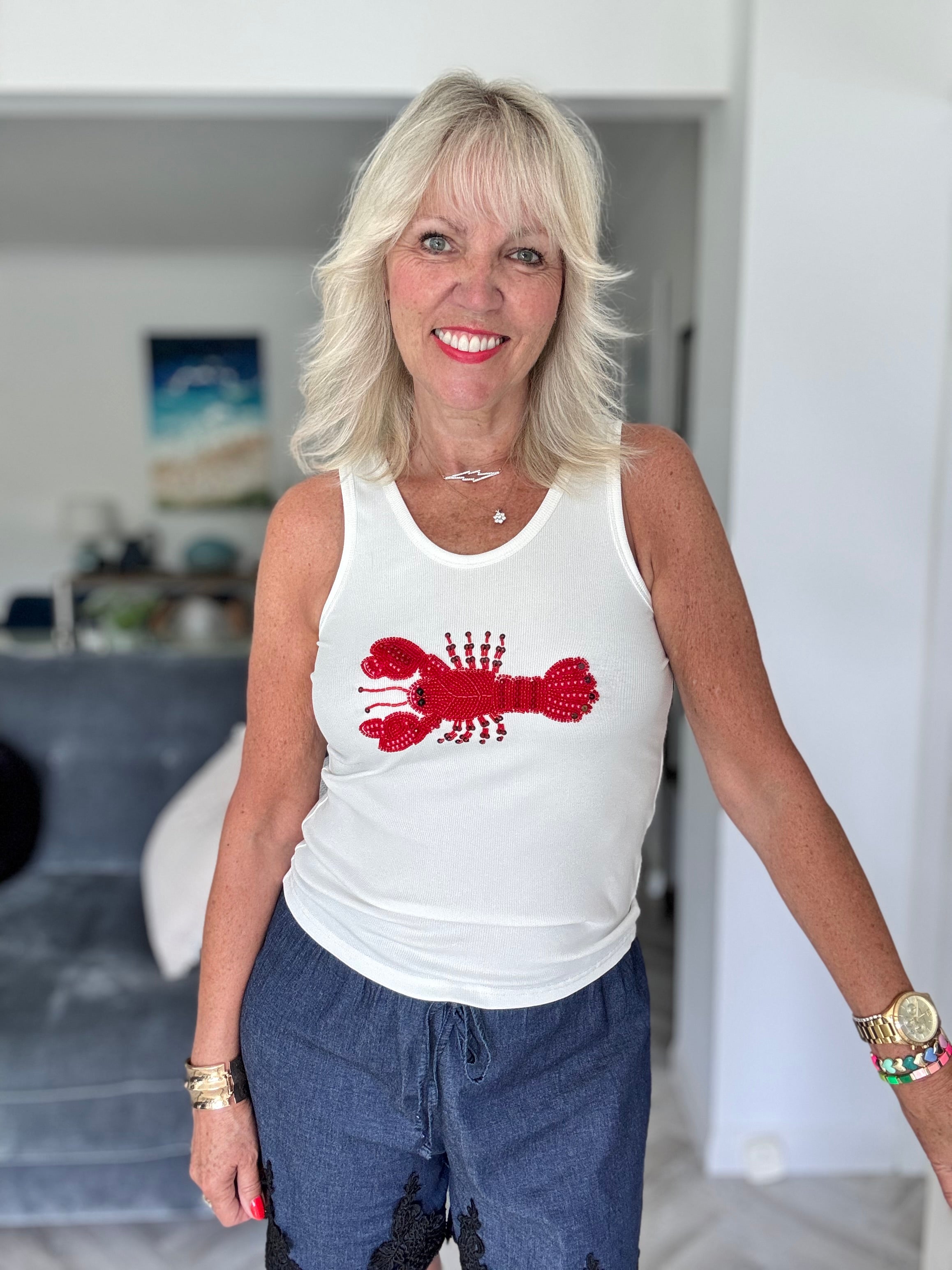 Designer Ribbed Vest with Beaded Lobster
