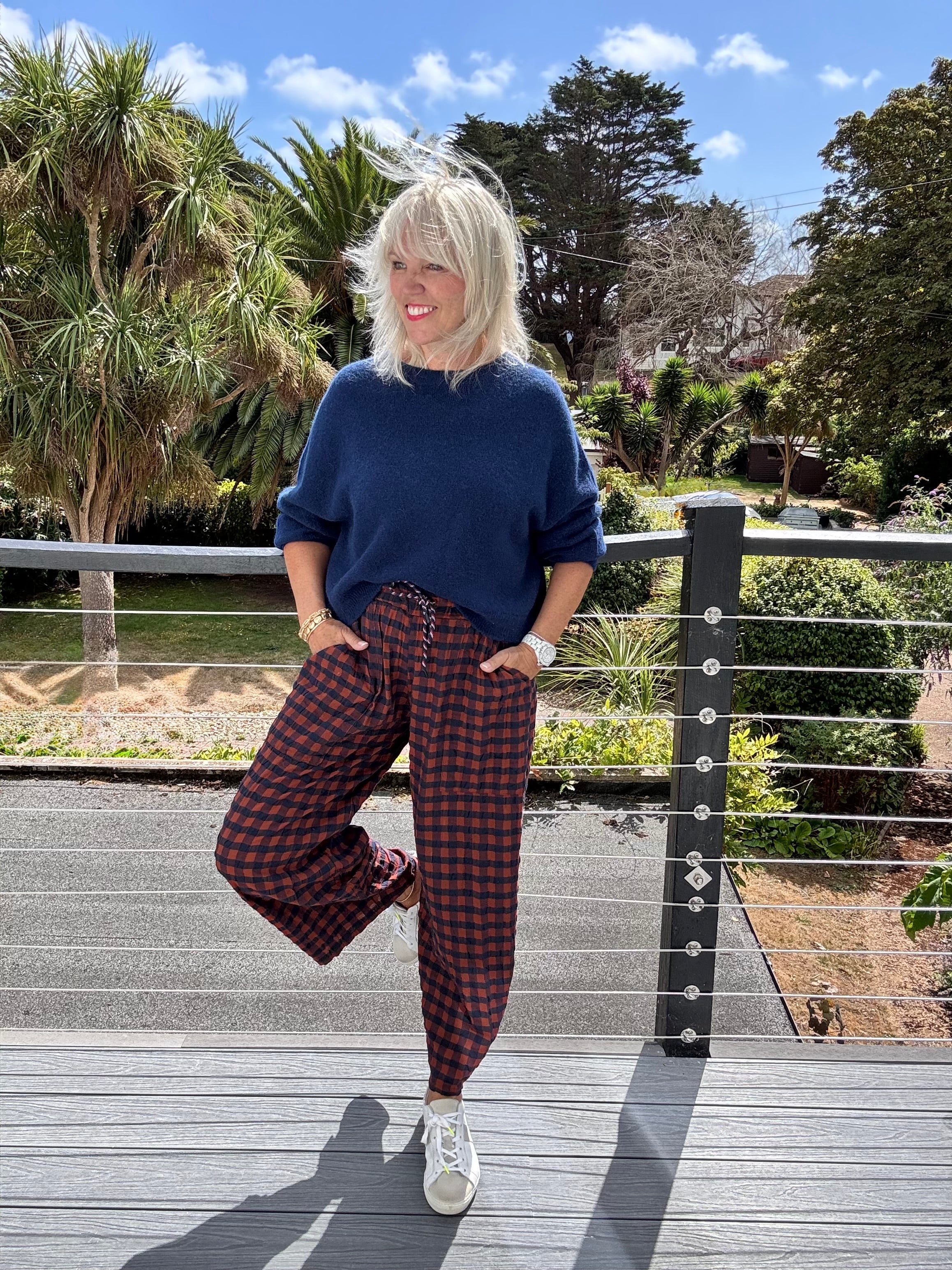 Barrel Check Trousers in Rust & Navy