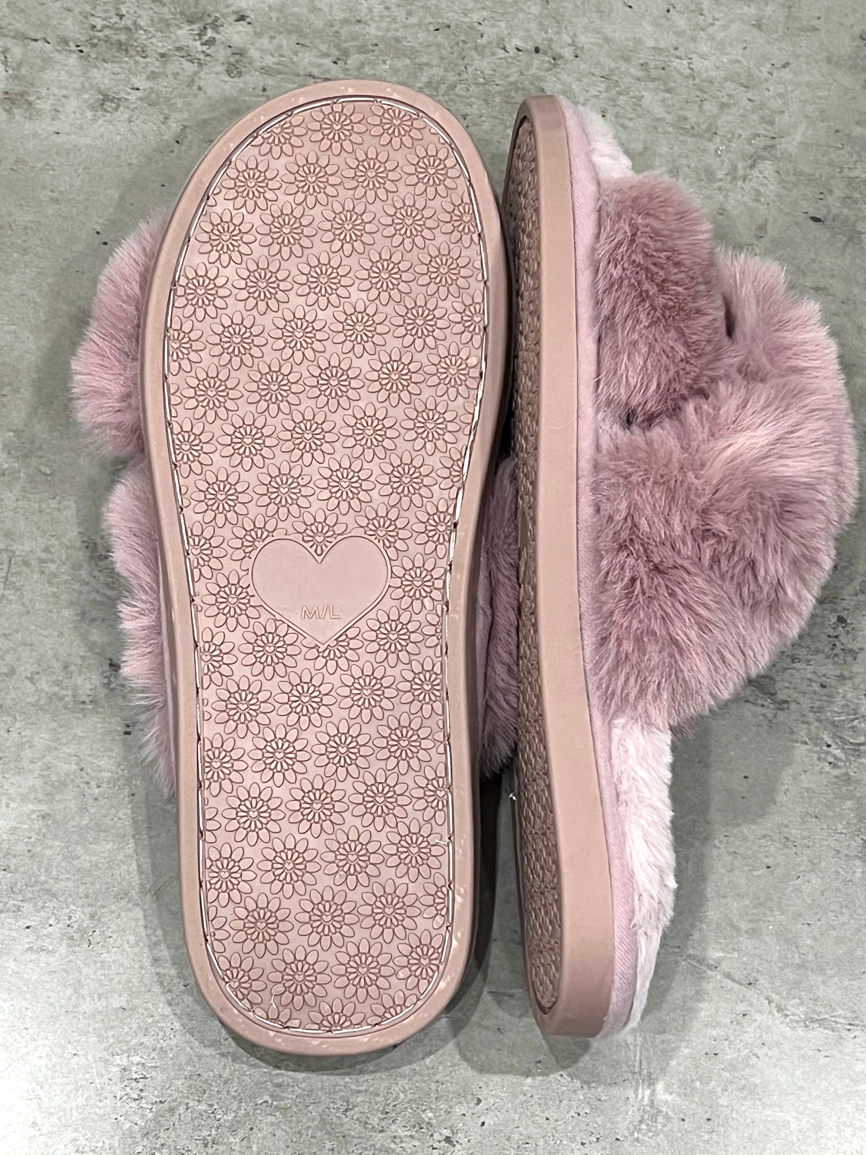 Faux Fur Crossover Slippers in Pink