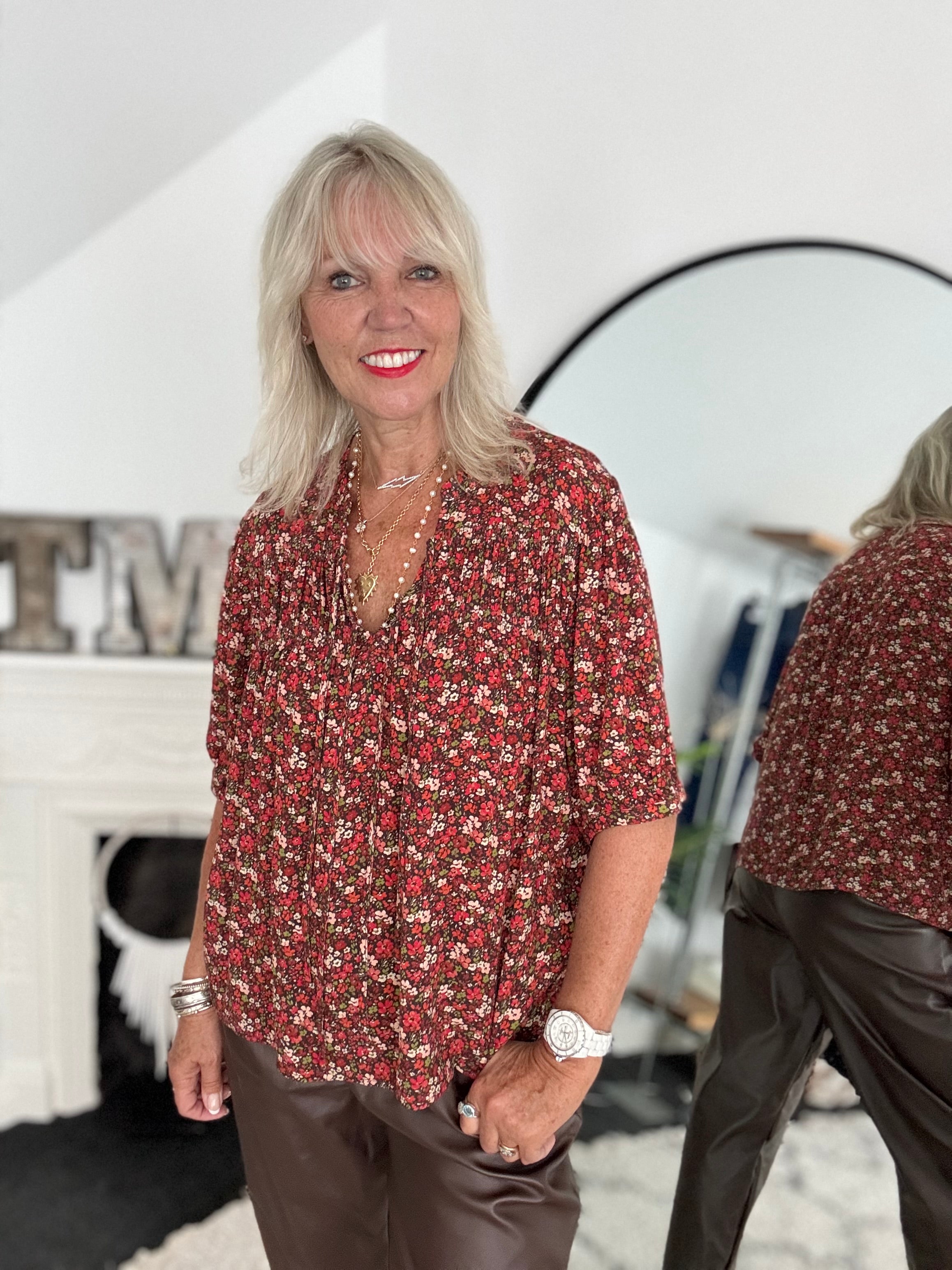 Ditsy Blouse in Red & Chocolate