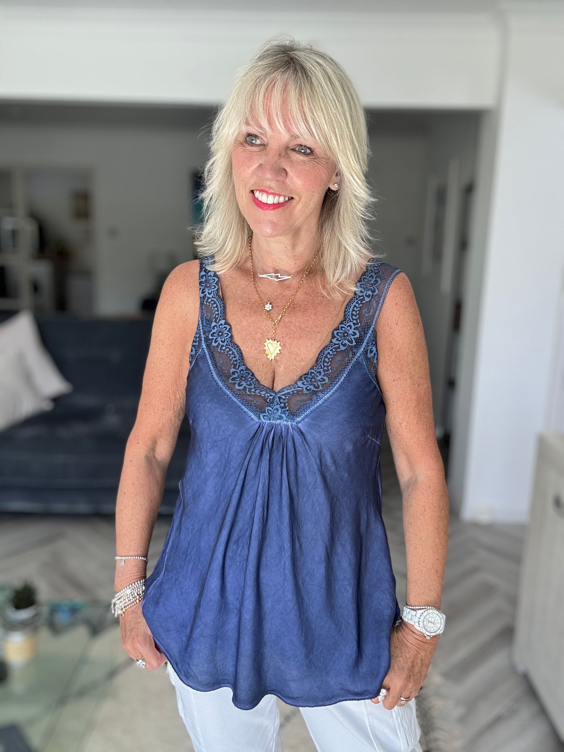 Lace Trim Silk Cami in Indigo Blue