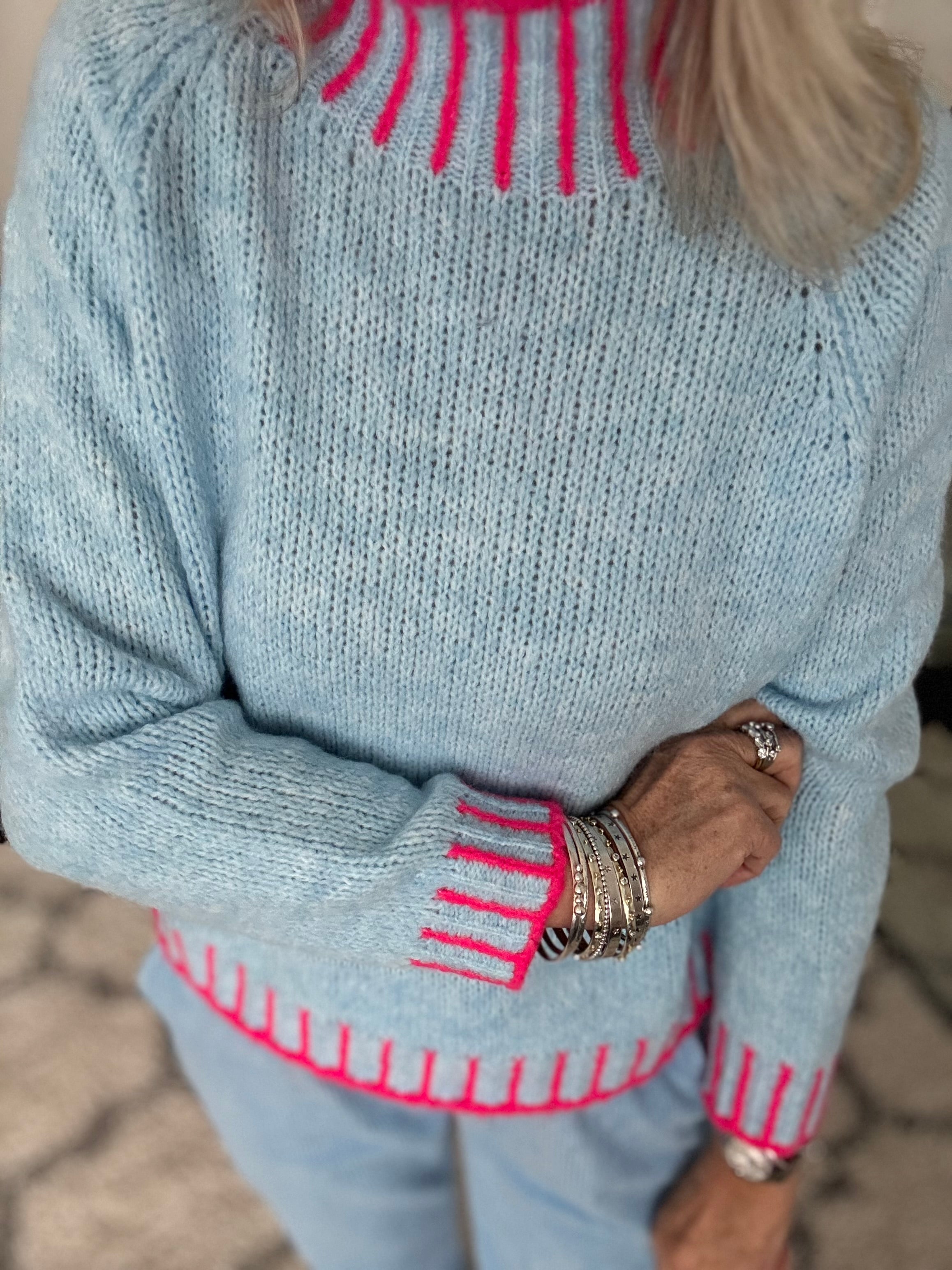 Stunning Funnel Neck Jumper in Blue & Pink