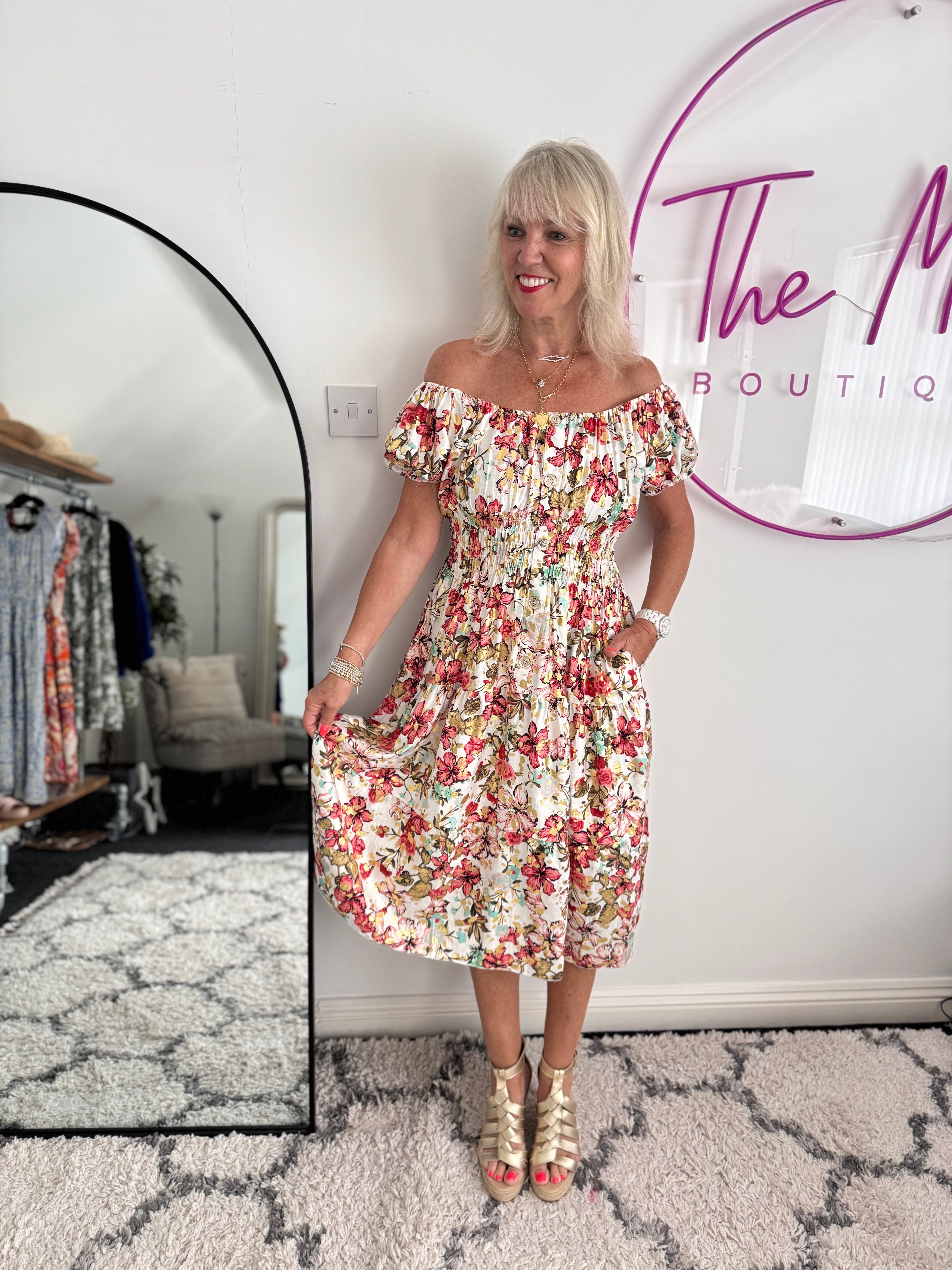Bardot Dress in Coral & Aqua