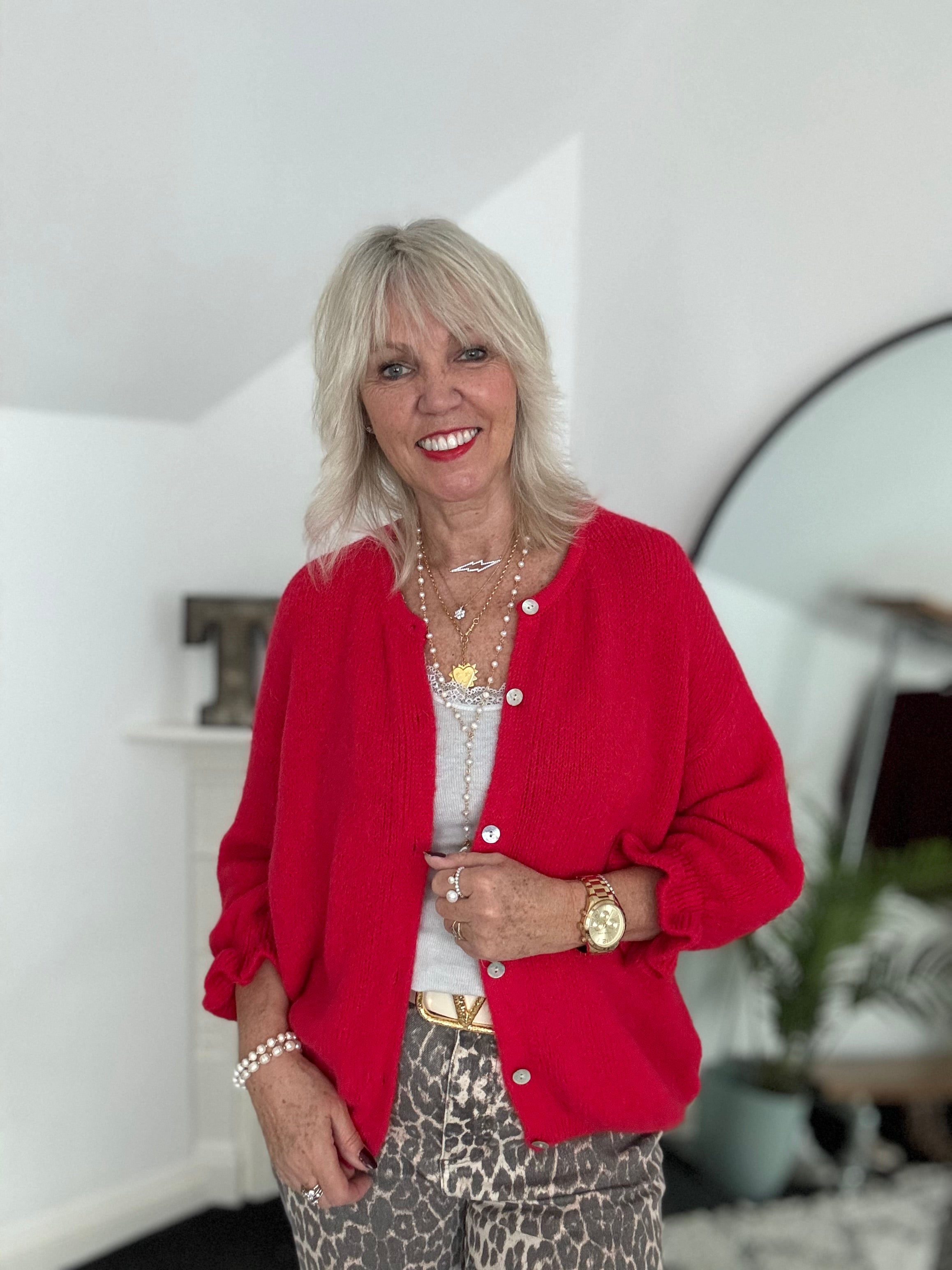 Alpaca Cardi with Frill Cuffs in Red