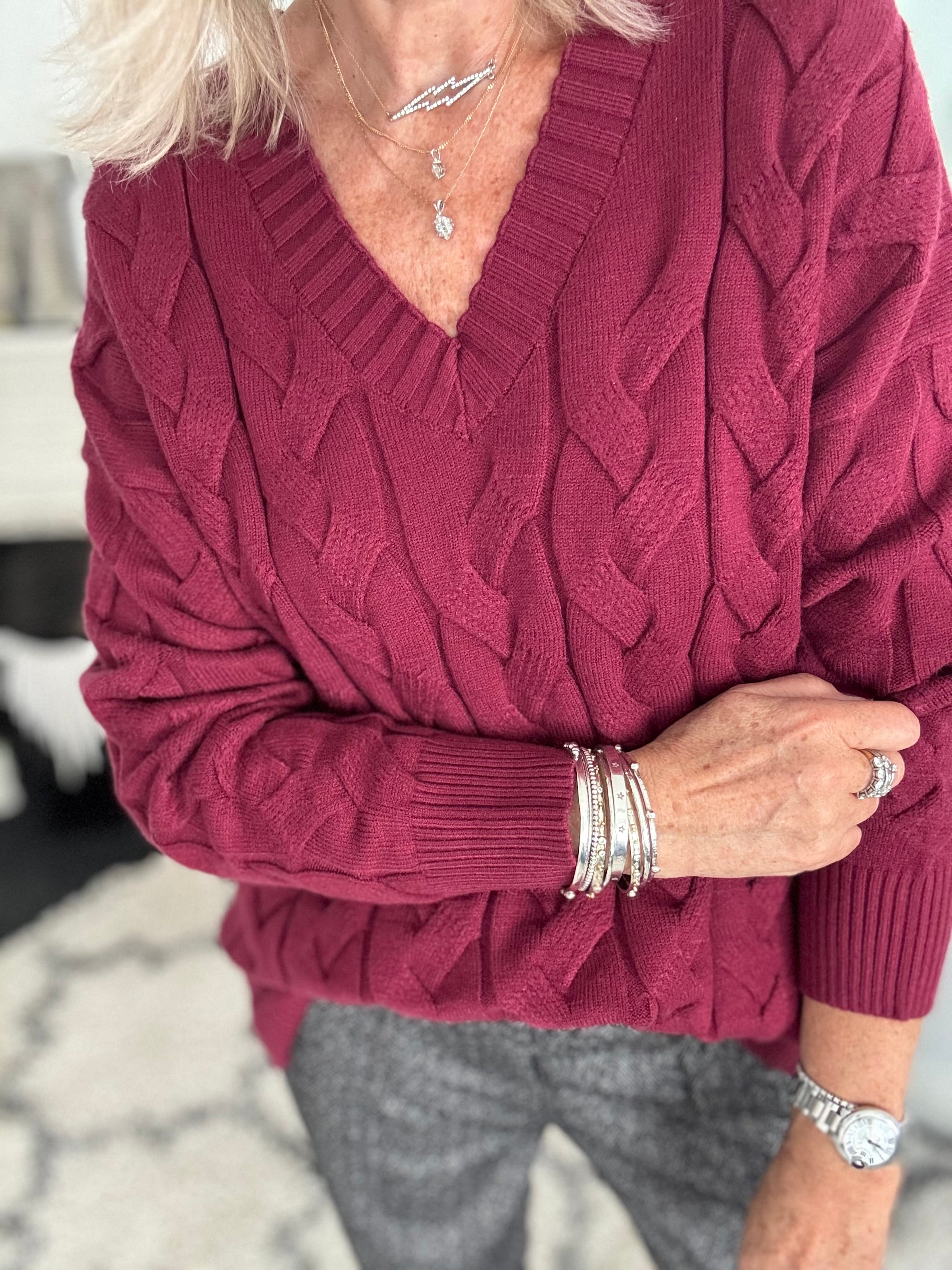 V Neck Cable Jumper in Berry