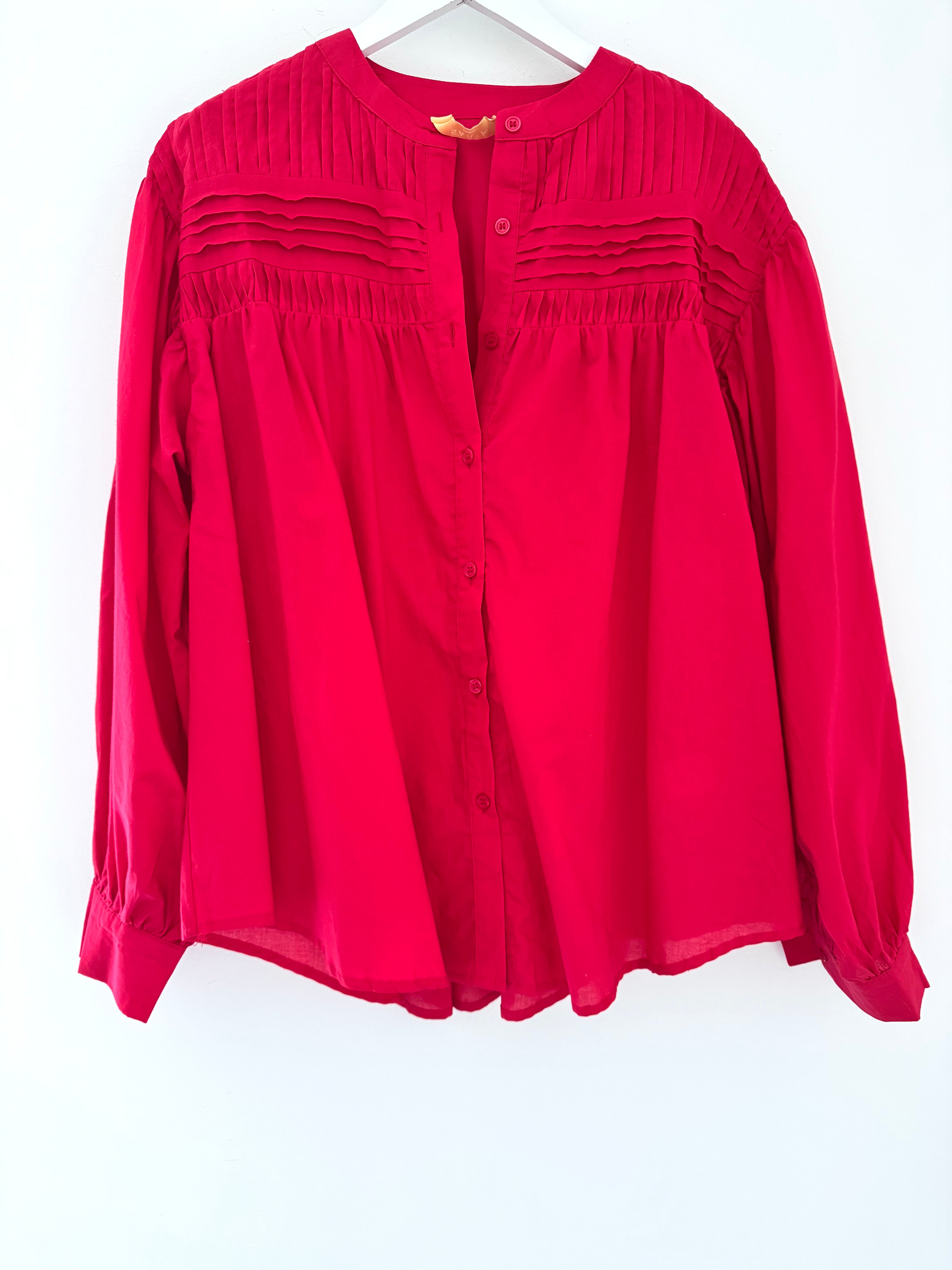 Pintucked Cotton Shirt in Red
