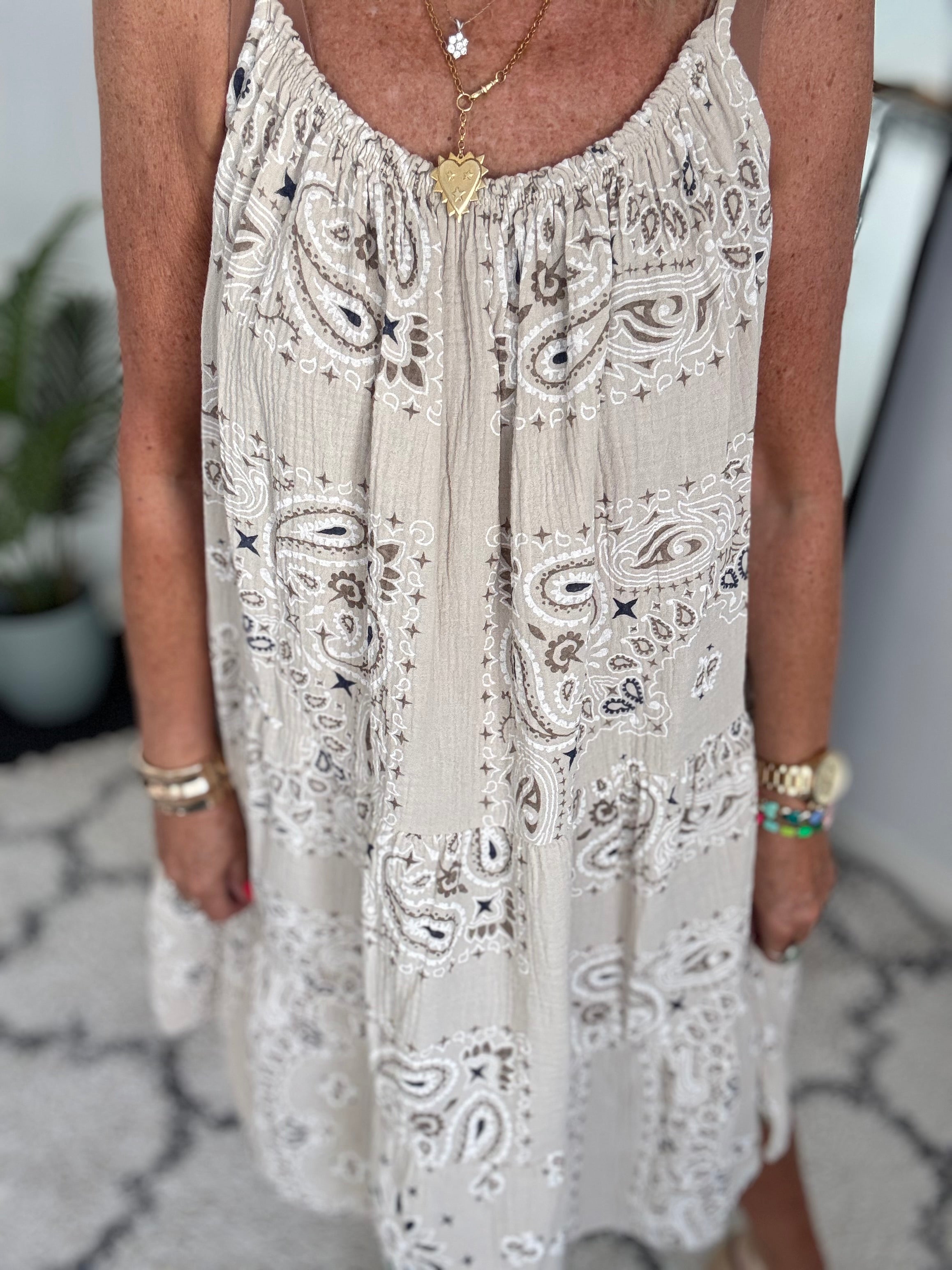 Paisley Cheesecloth Dress in Stone