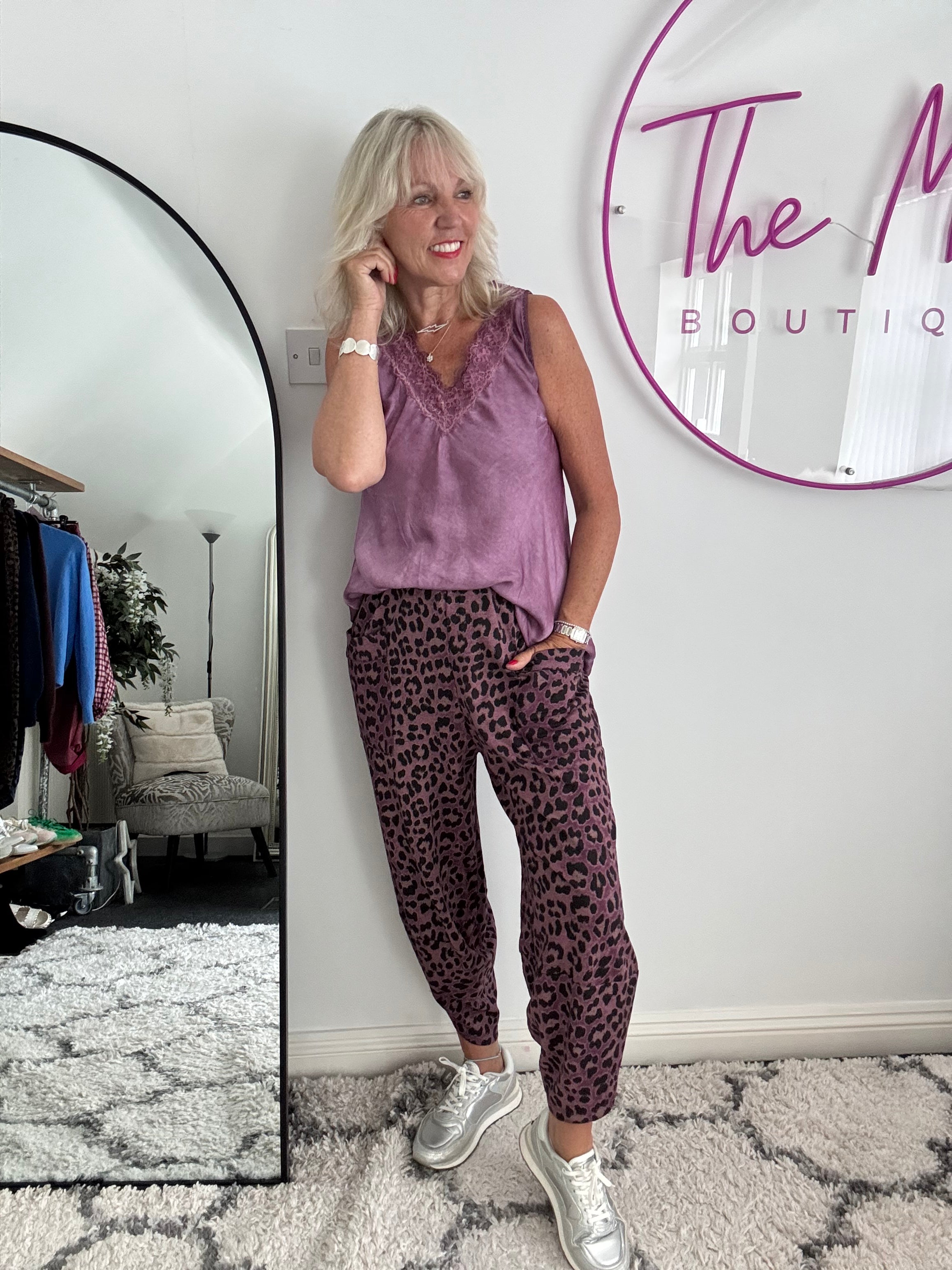 Barrel Stretch Trousers in Plum Leopard