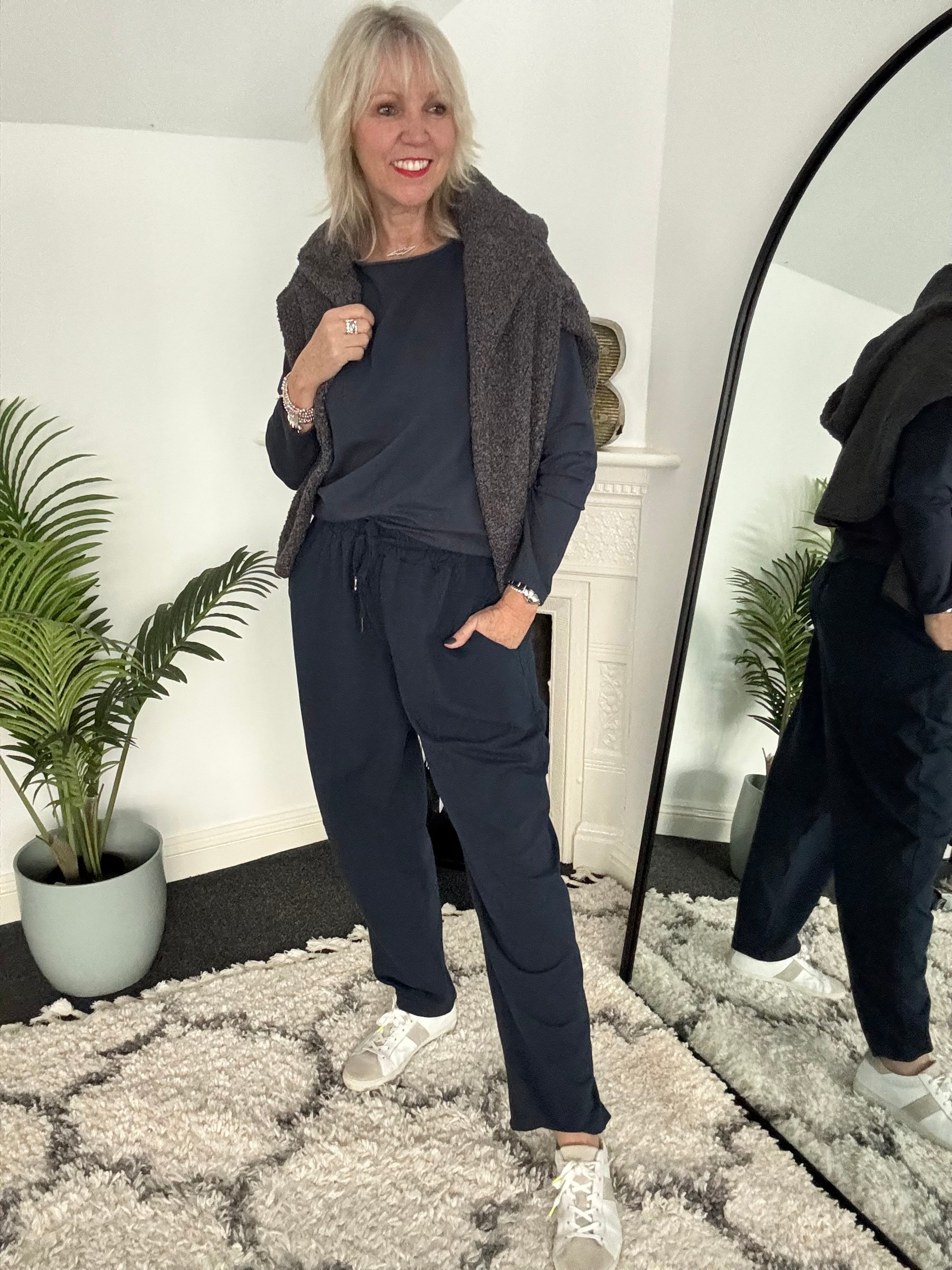 Stretch Jersey Trousers with Topstitching in Navy