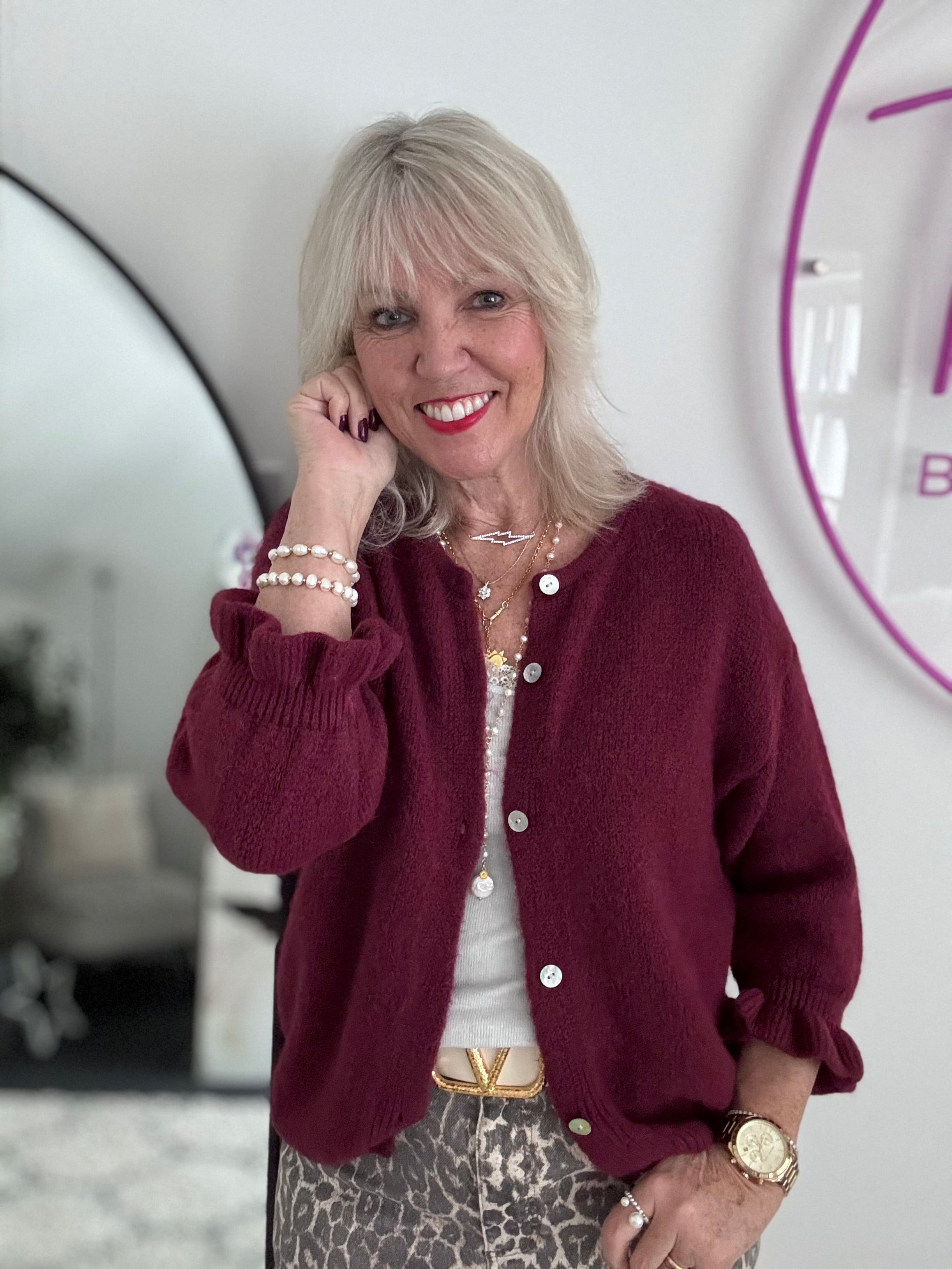 Alpaca Cardi with Frill Cuffs in Wine