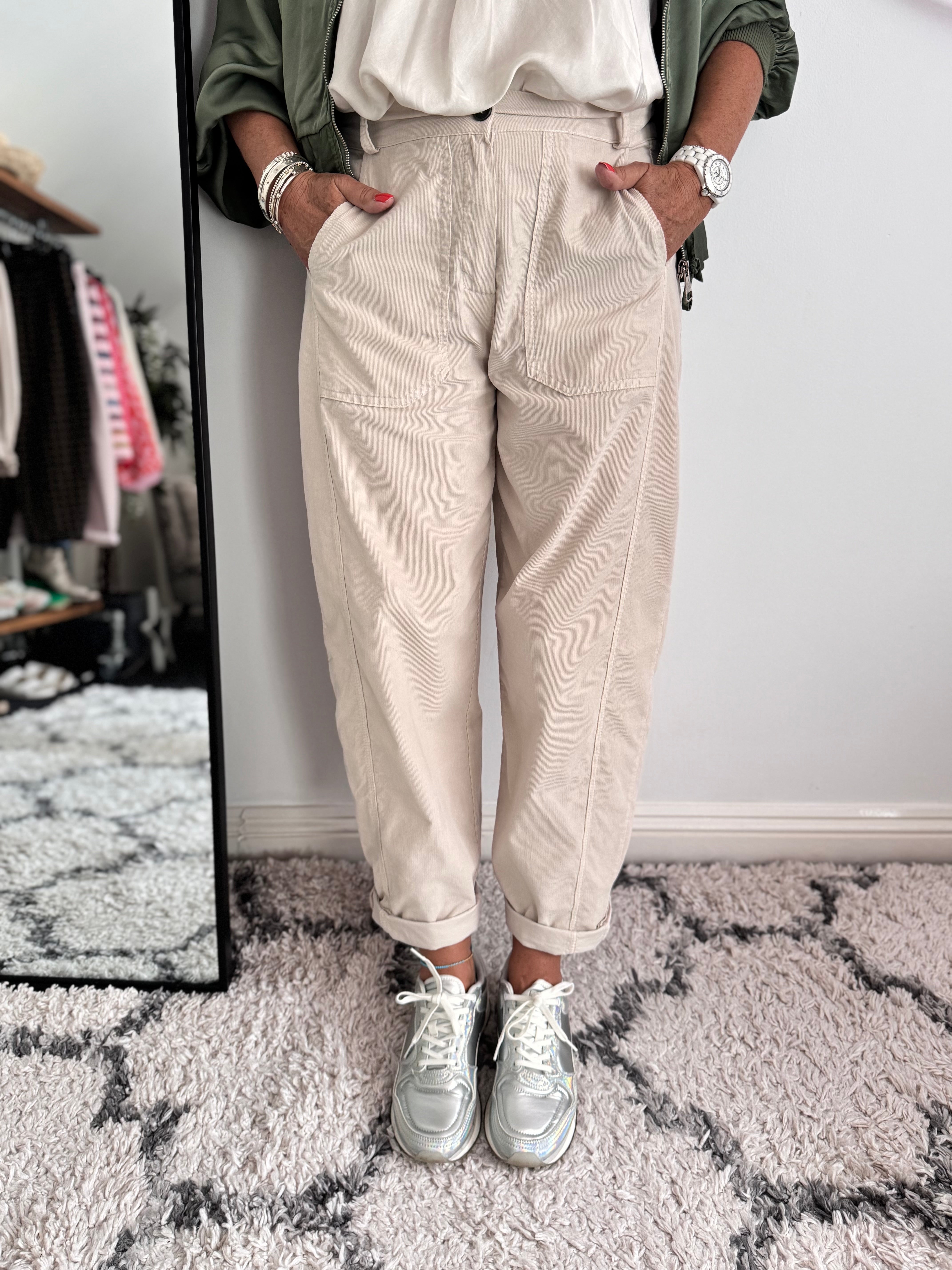 Soft Needlecord Barrel Trousers in Stone