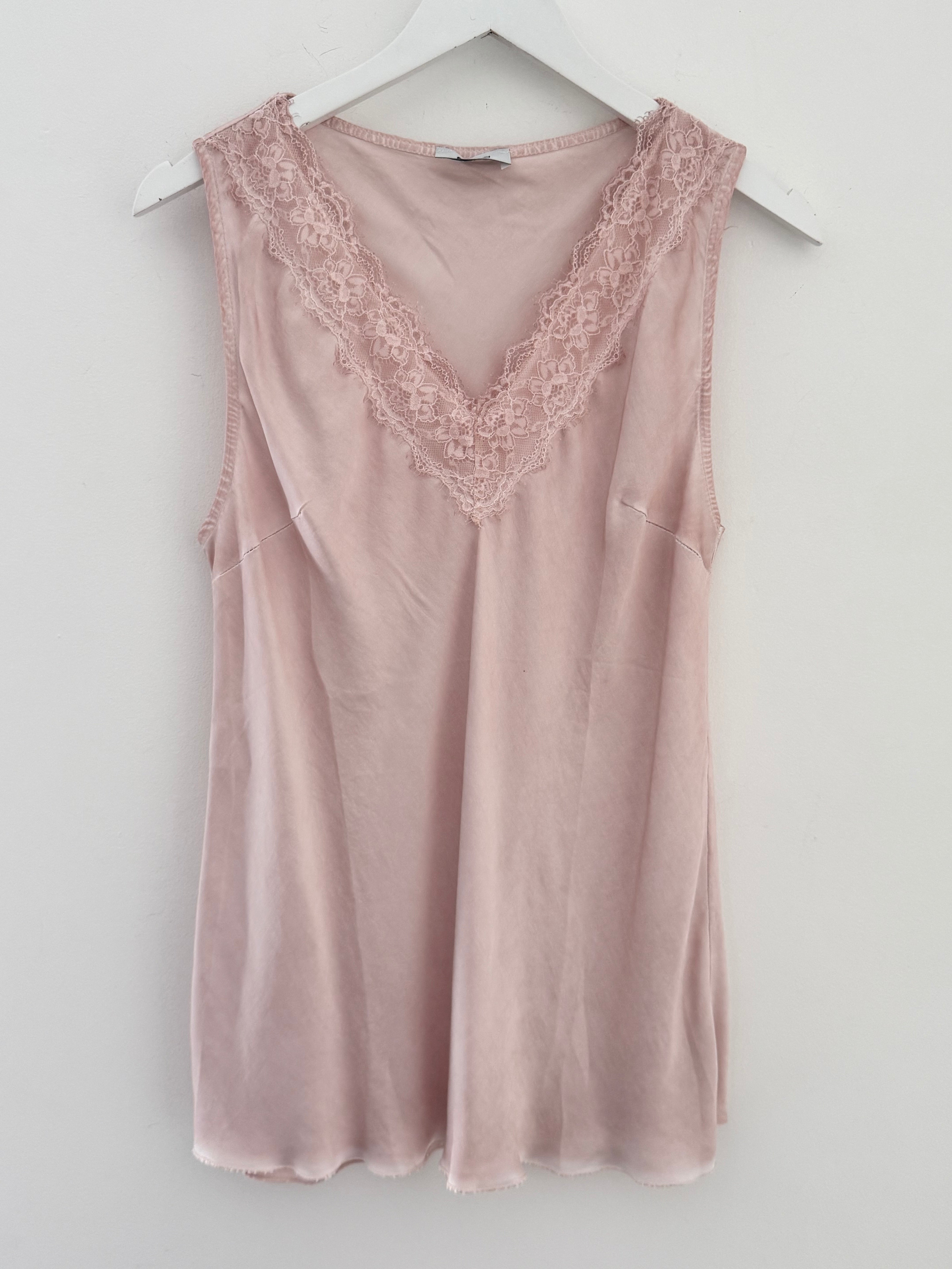 Lace Trim Silk Top in Shell Pink
