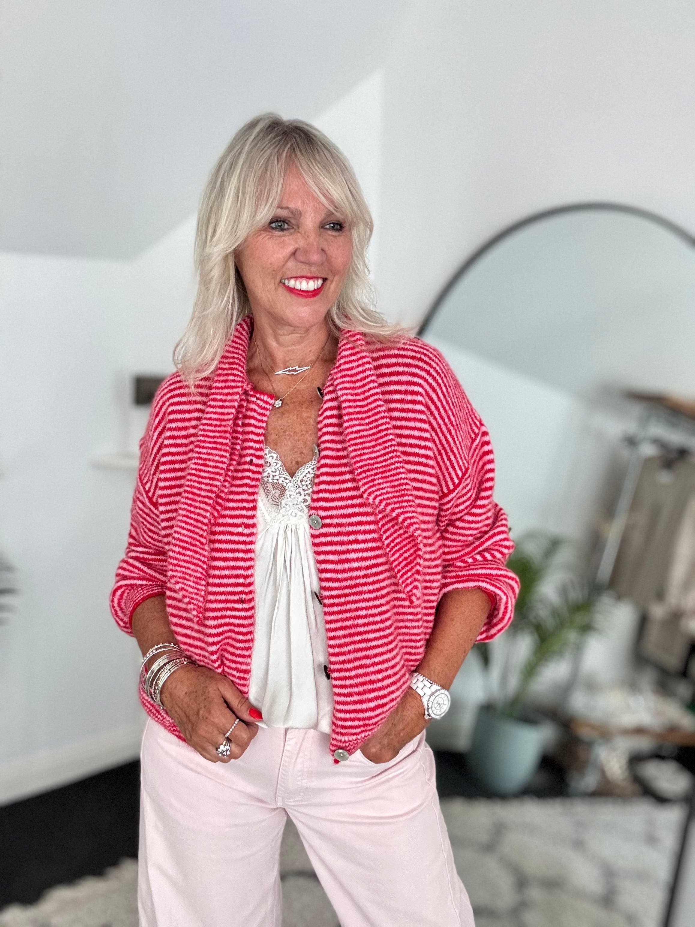 Neck Tie Stripe Cardi in Pink & Red