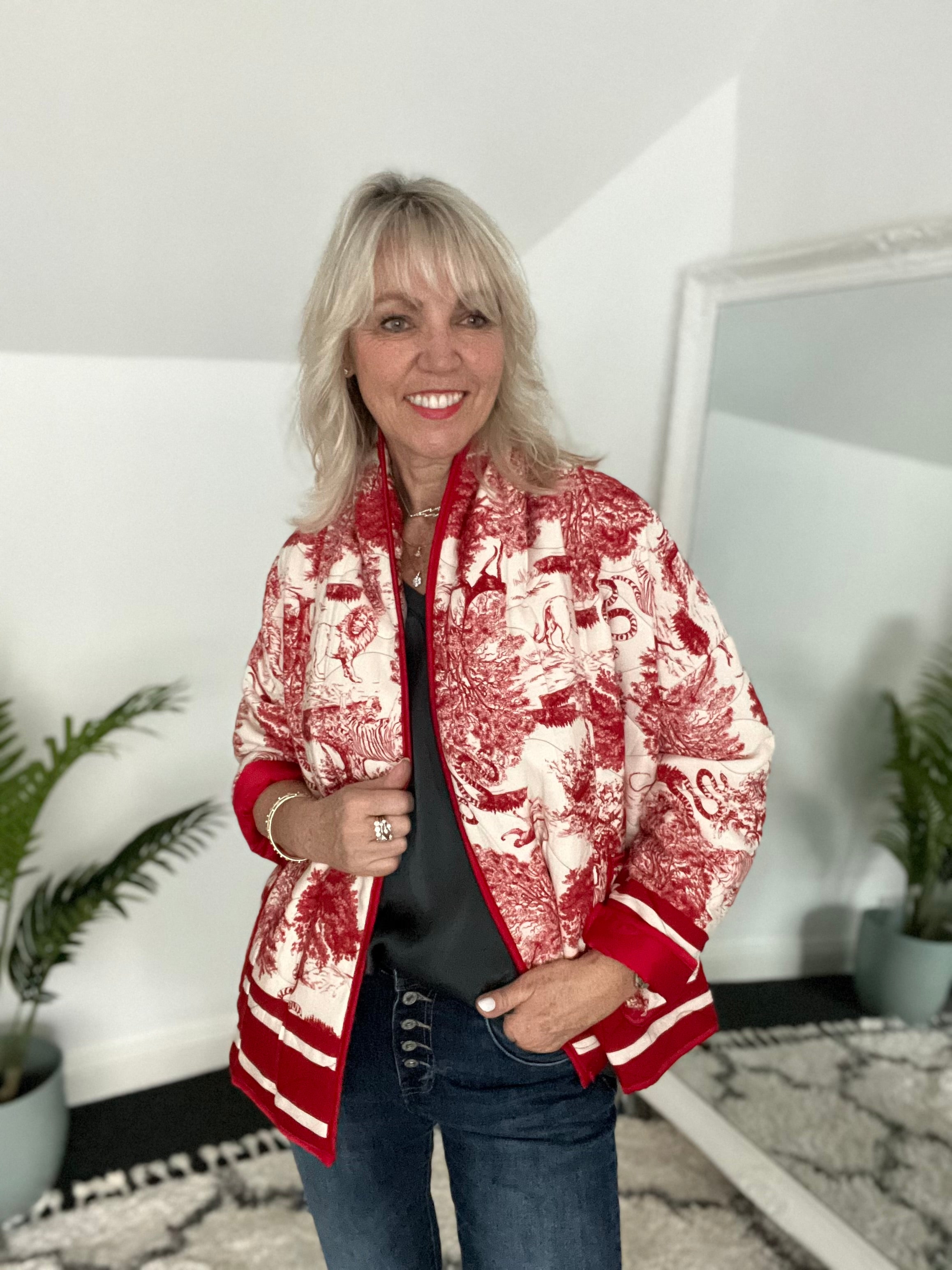 Quilted Jacket in Red & Ivory