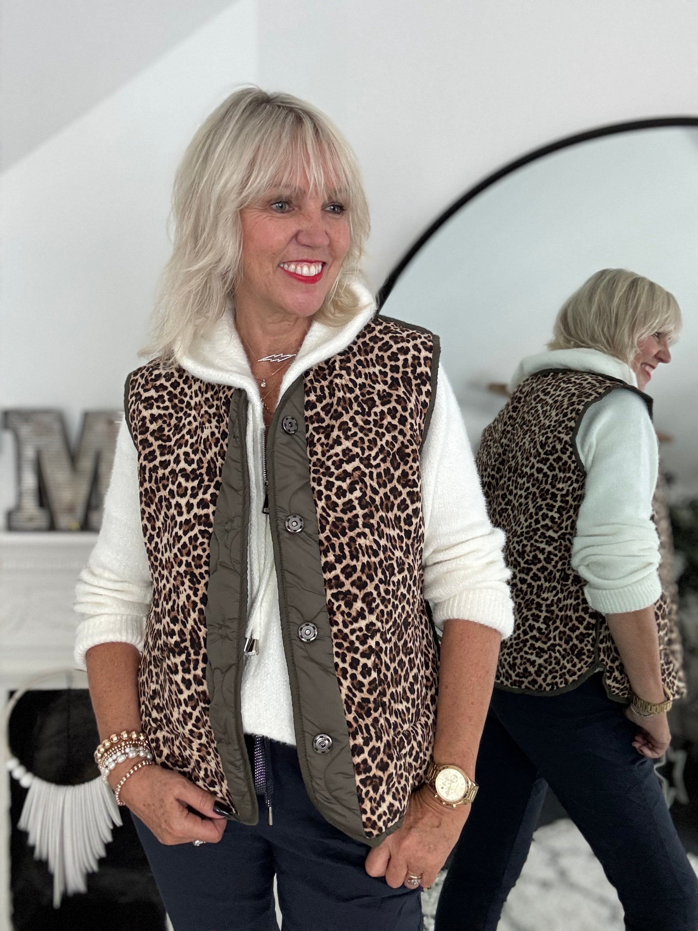 Reversible Quilted Gilet in Khaki & Leopard