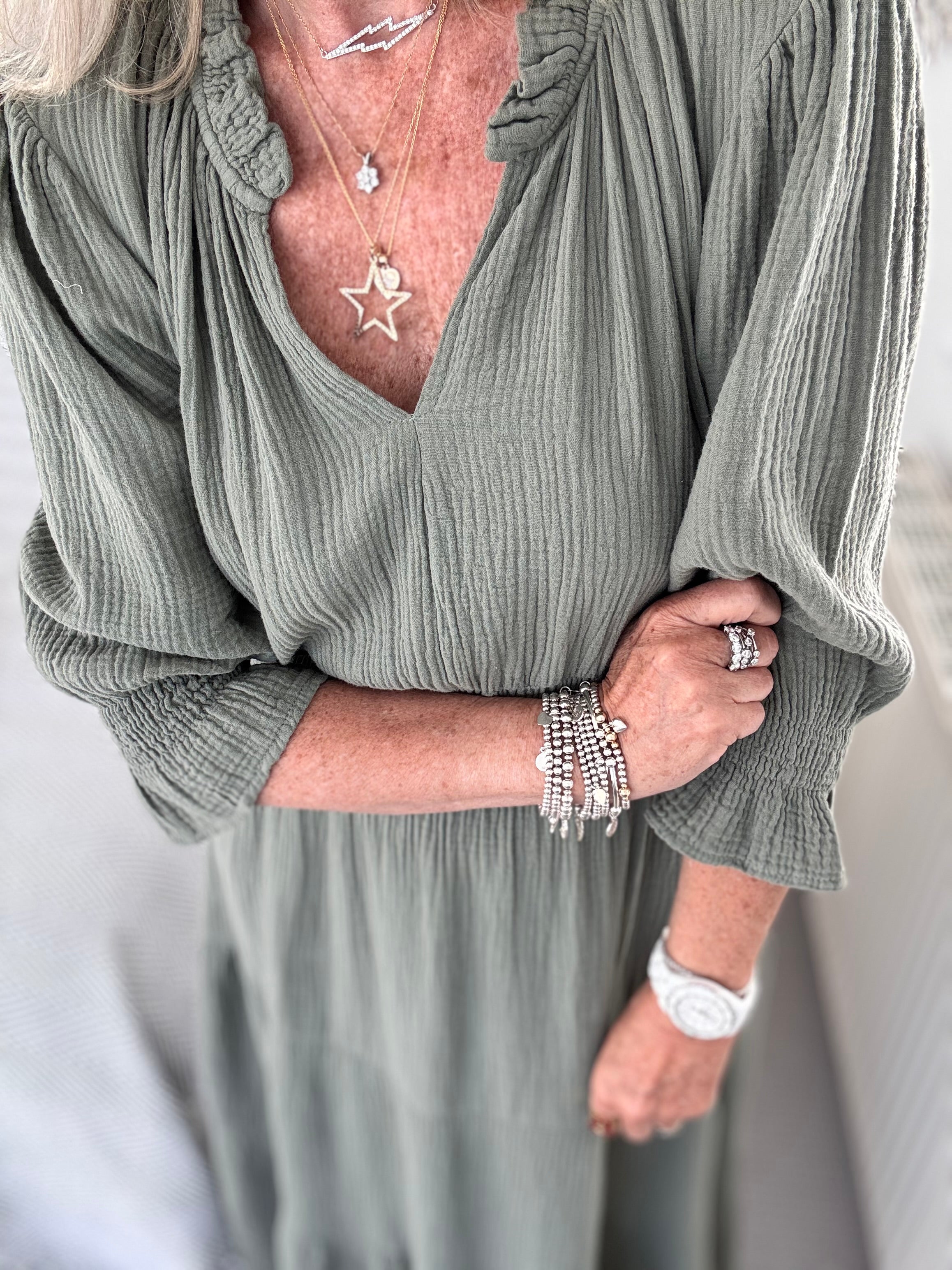 Cheesecloth Midi Dress in Khaki