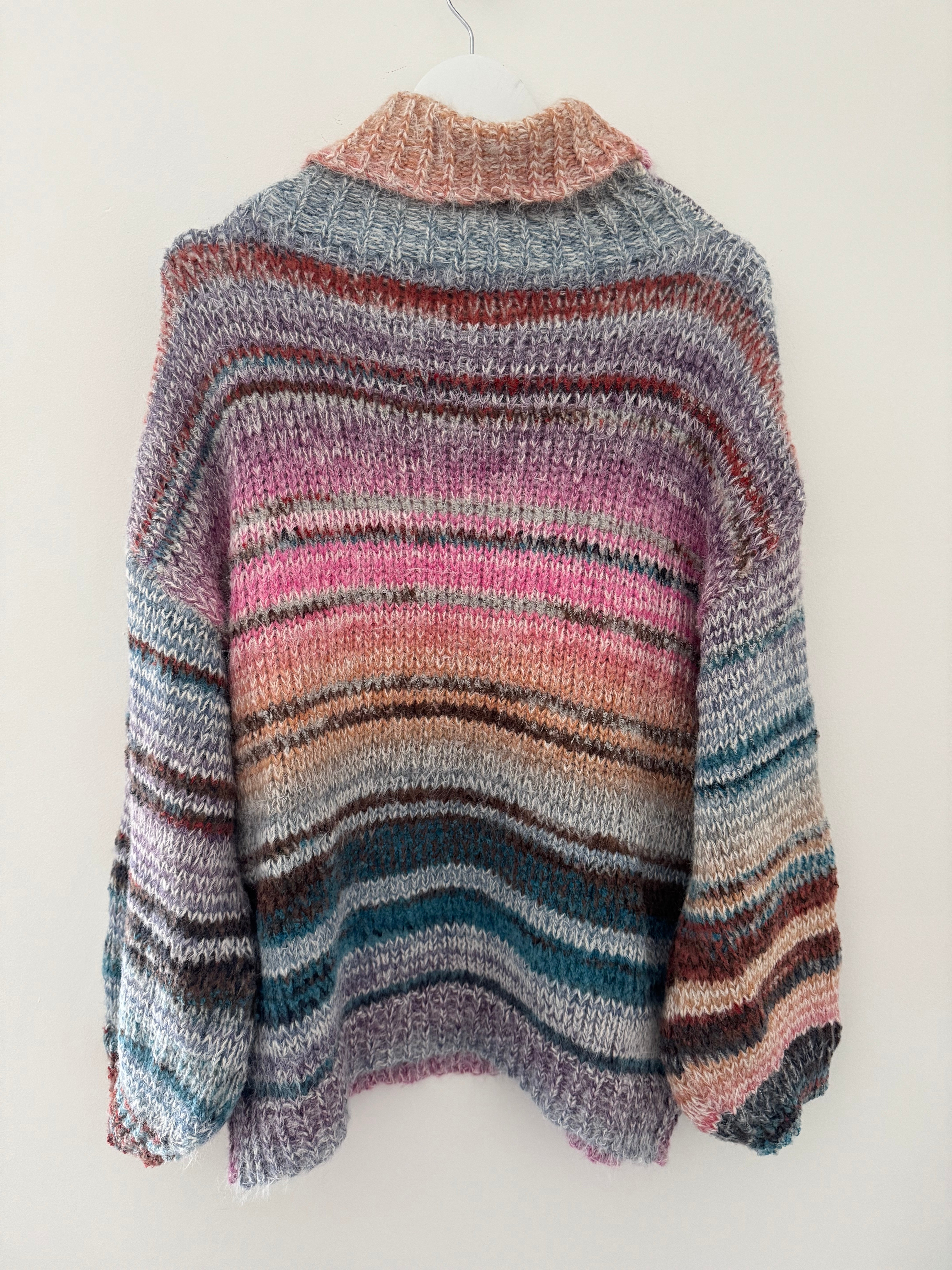 Oversized Stripe Roll Neck Jumper in Pink & Teal