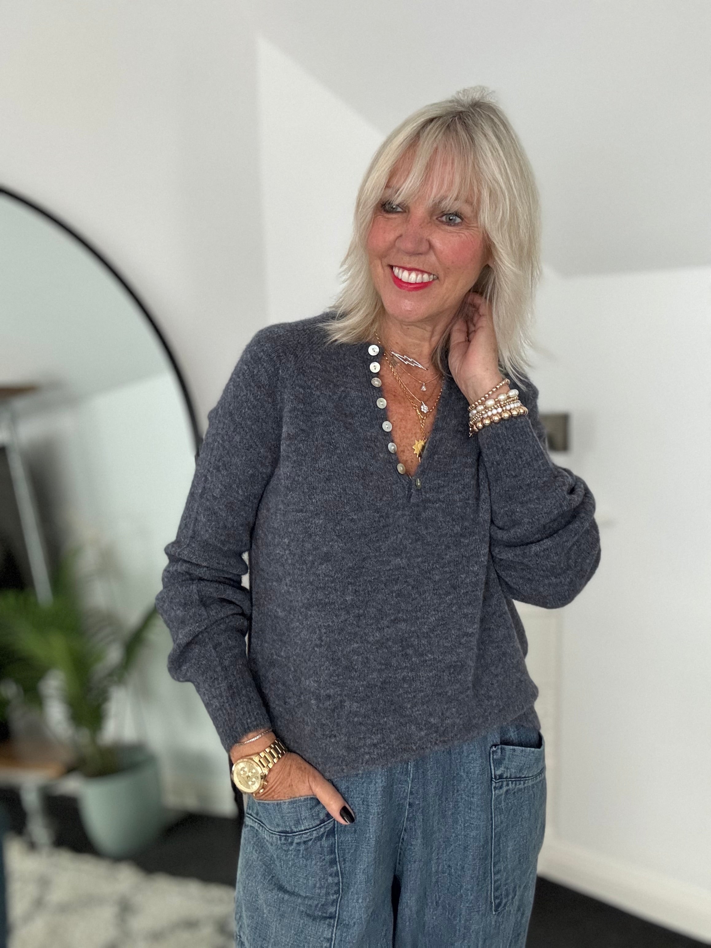 Softie Jumper with Button Neck in Charcoal