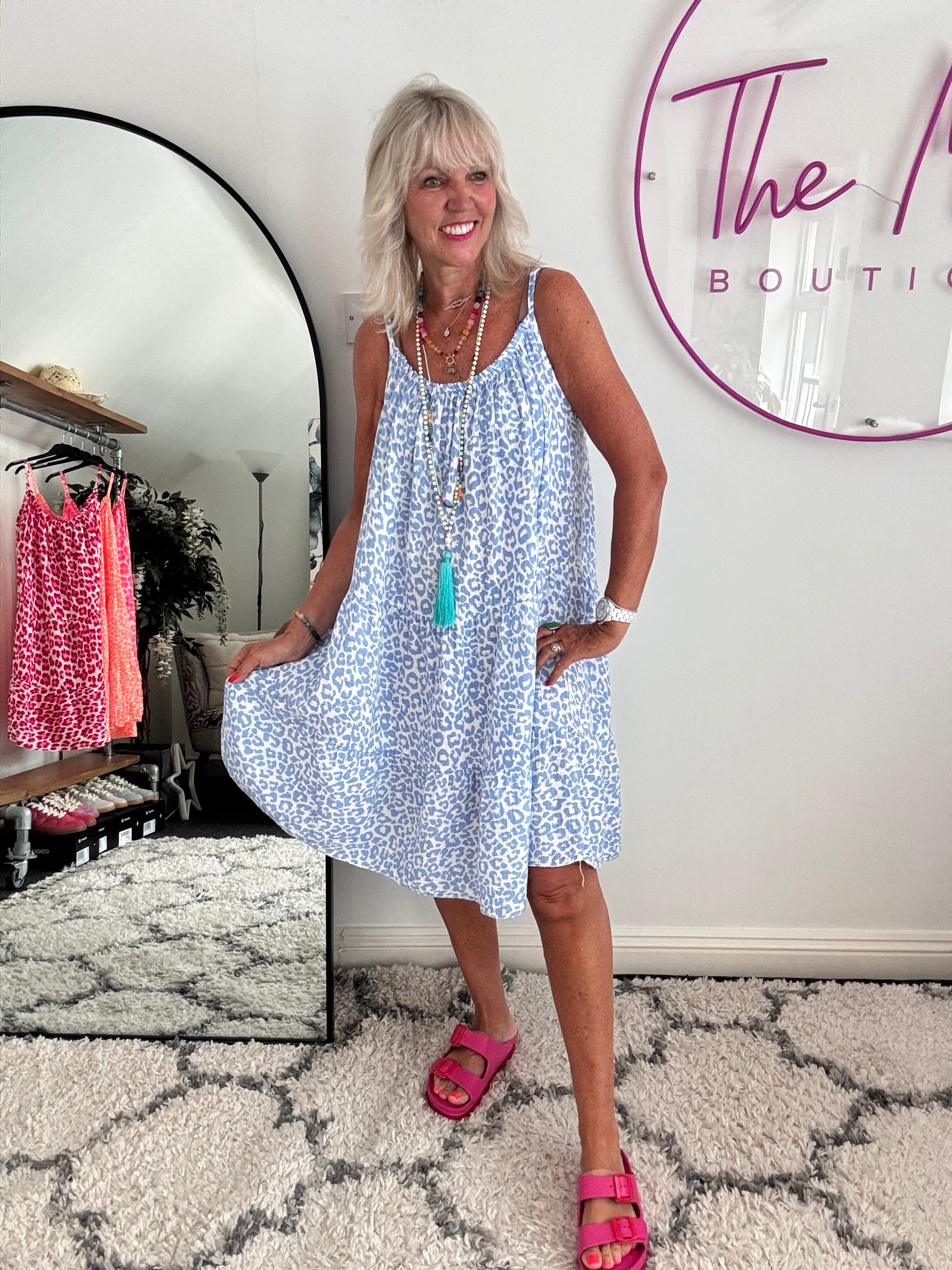 Leopard Cheesecloth Dress in Blue & White