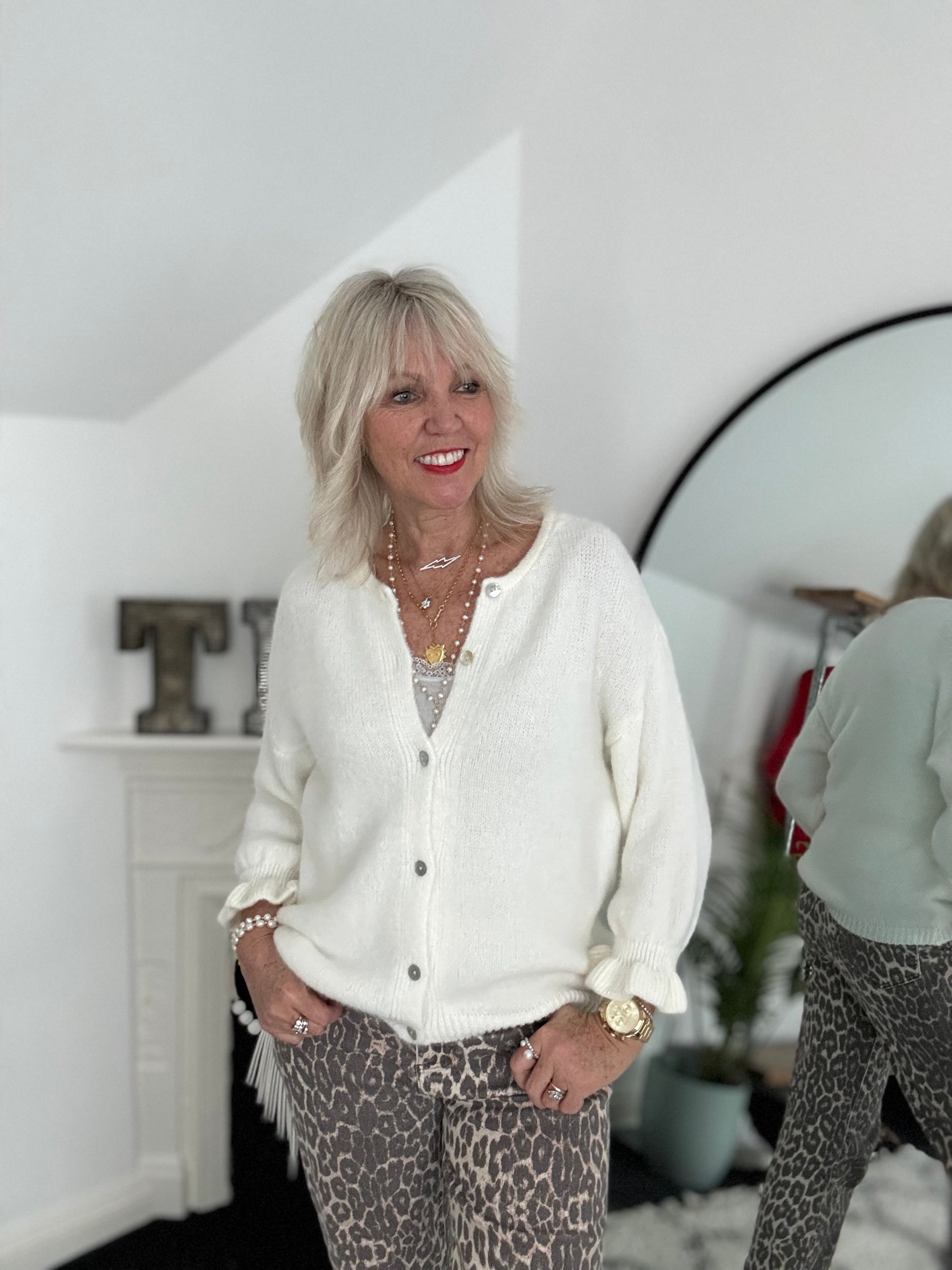 Alpaca Cardi with Frill Cuffs in Winter White