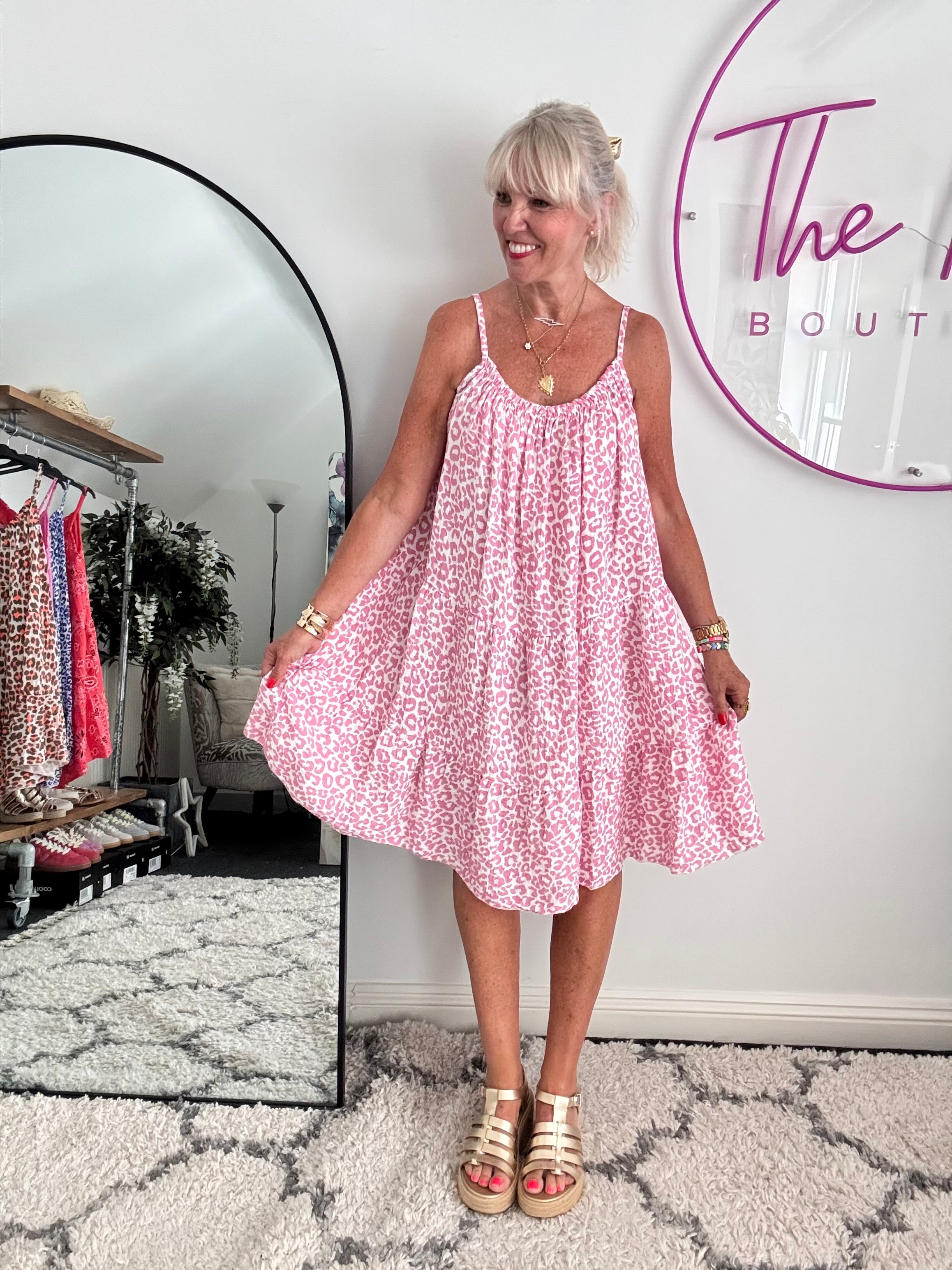 Leopard Cheesecloth Dress in Rose Pink & White