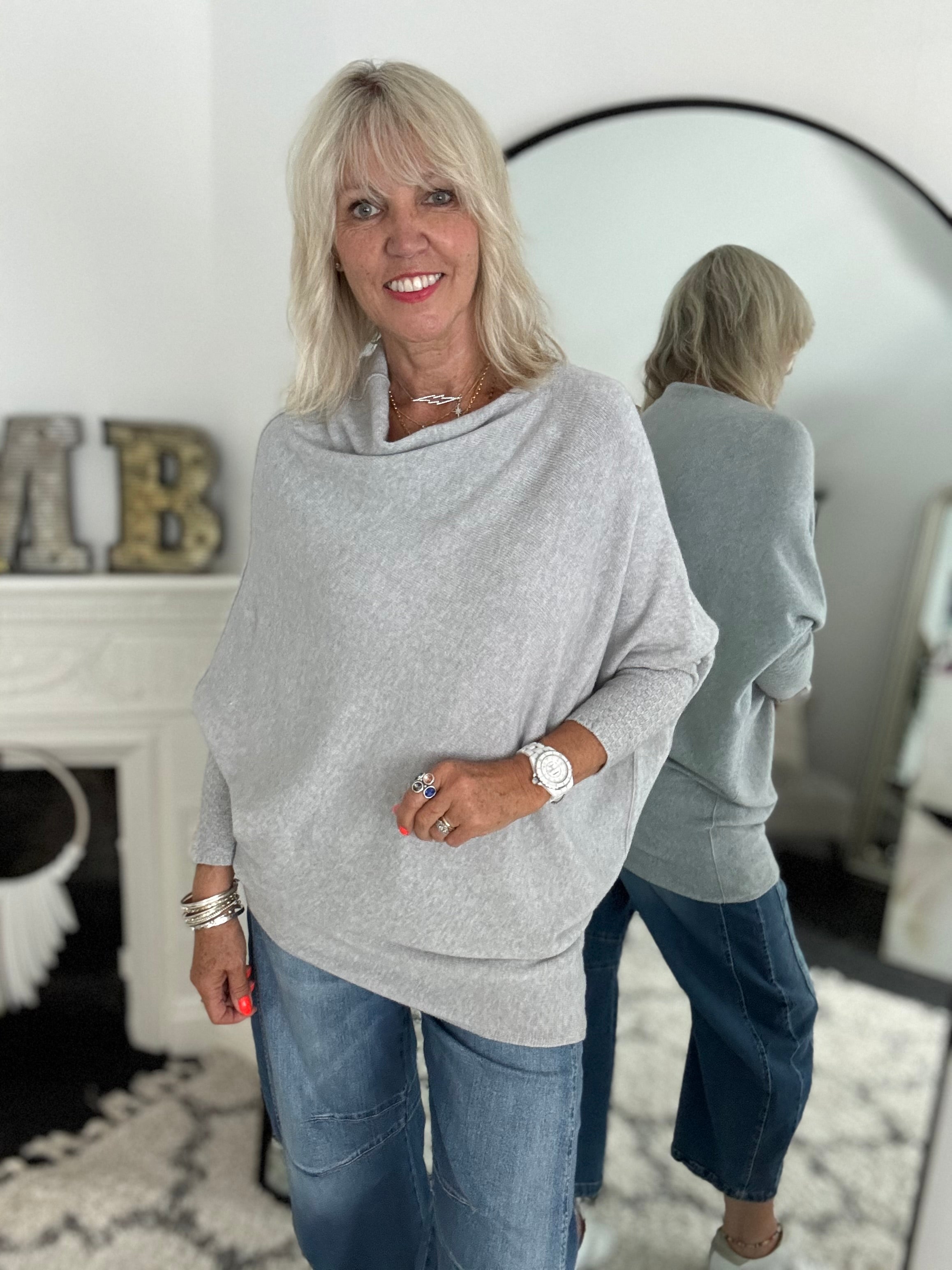 Cowl Neck Asymmetric Jumper in Light Grey