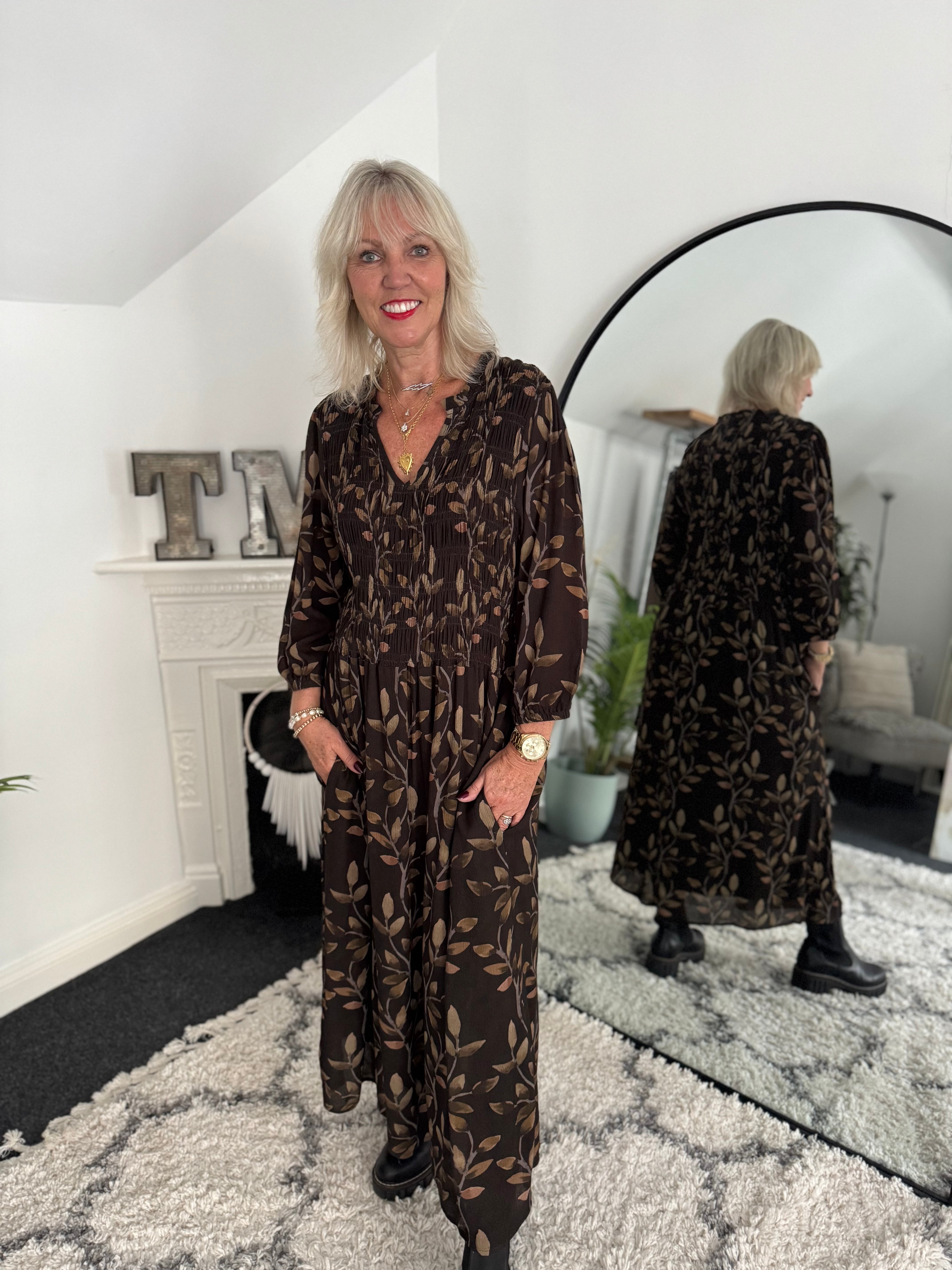 Leaf Print Dress with Shirred Bodice in Chocolate