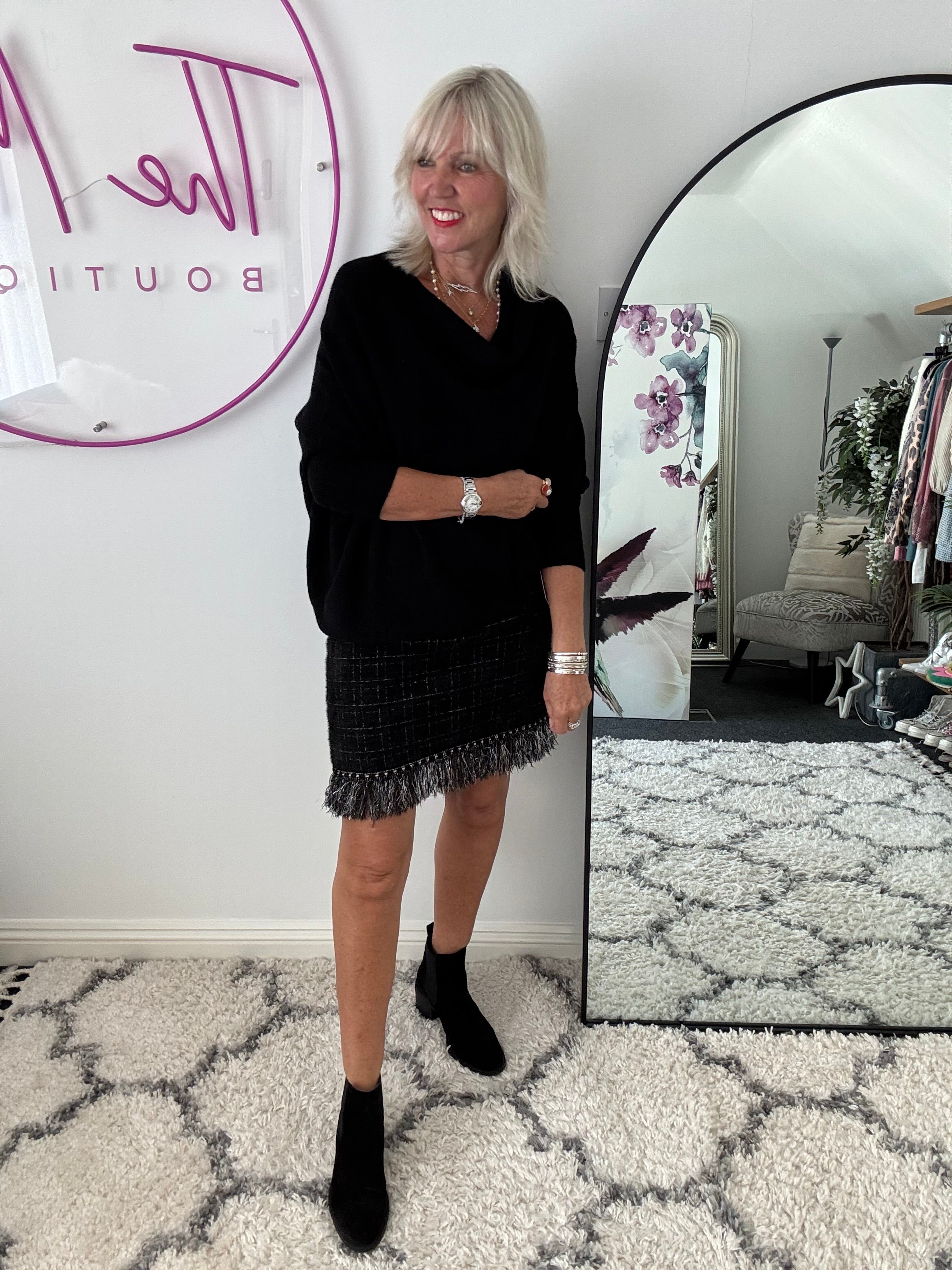 Pearl Button & Tweed Skirt in Black